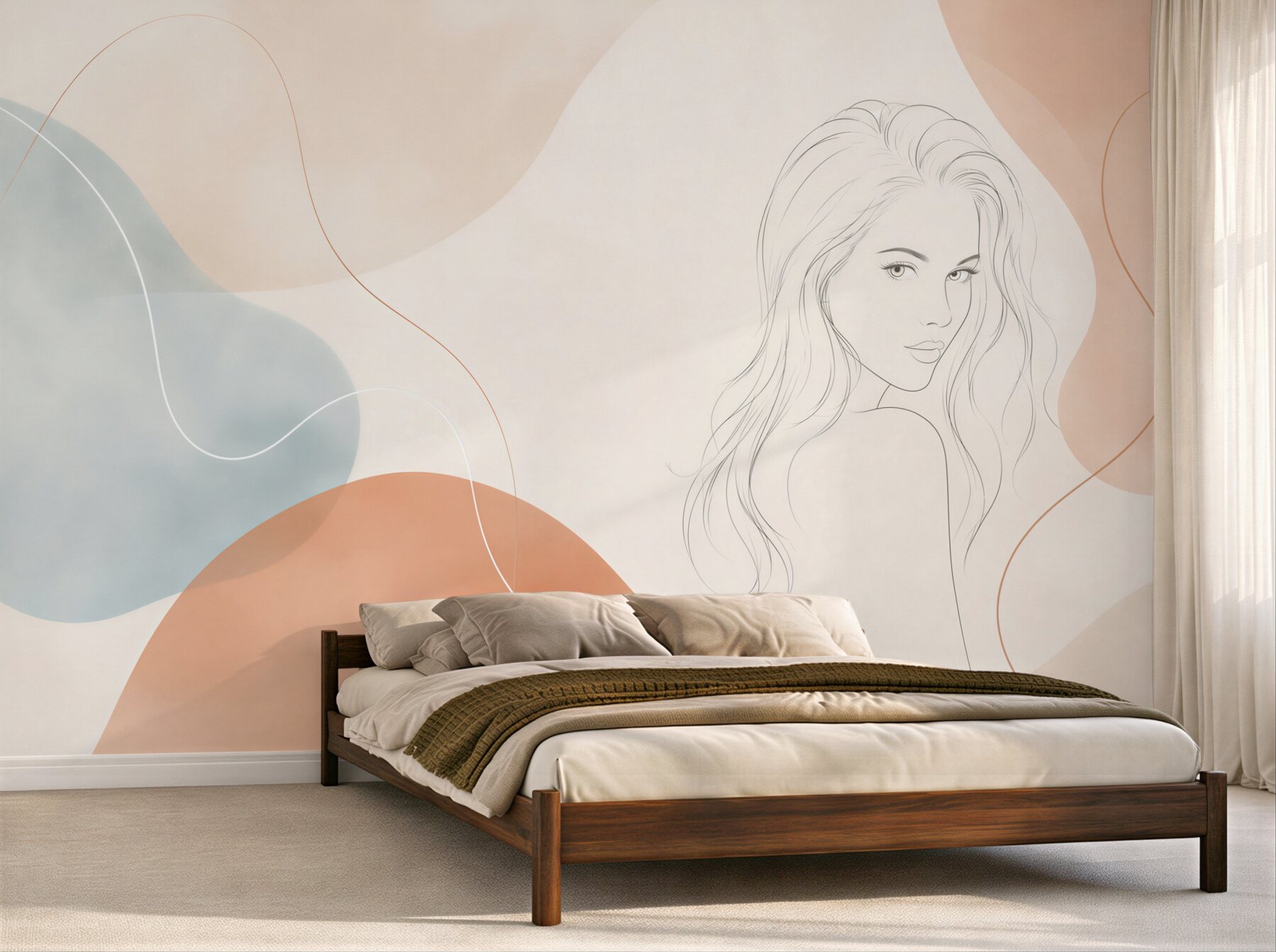 Fototapeta kobieta line art w pastelowych beżach i błękitach nowoczesna?v23