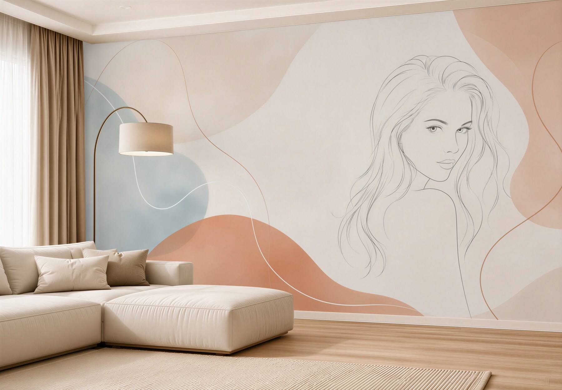 Fototapeta kobieta line art w pastelowych beżach i błękitach nowoczesna?v23