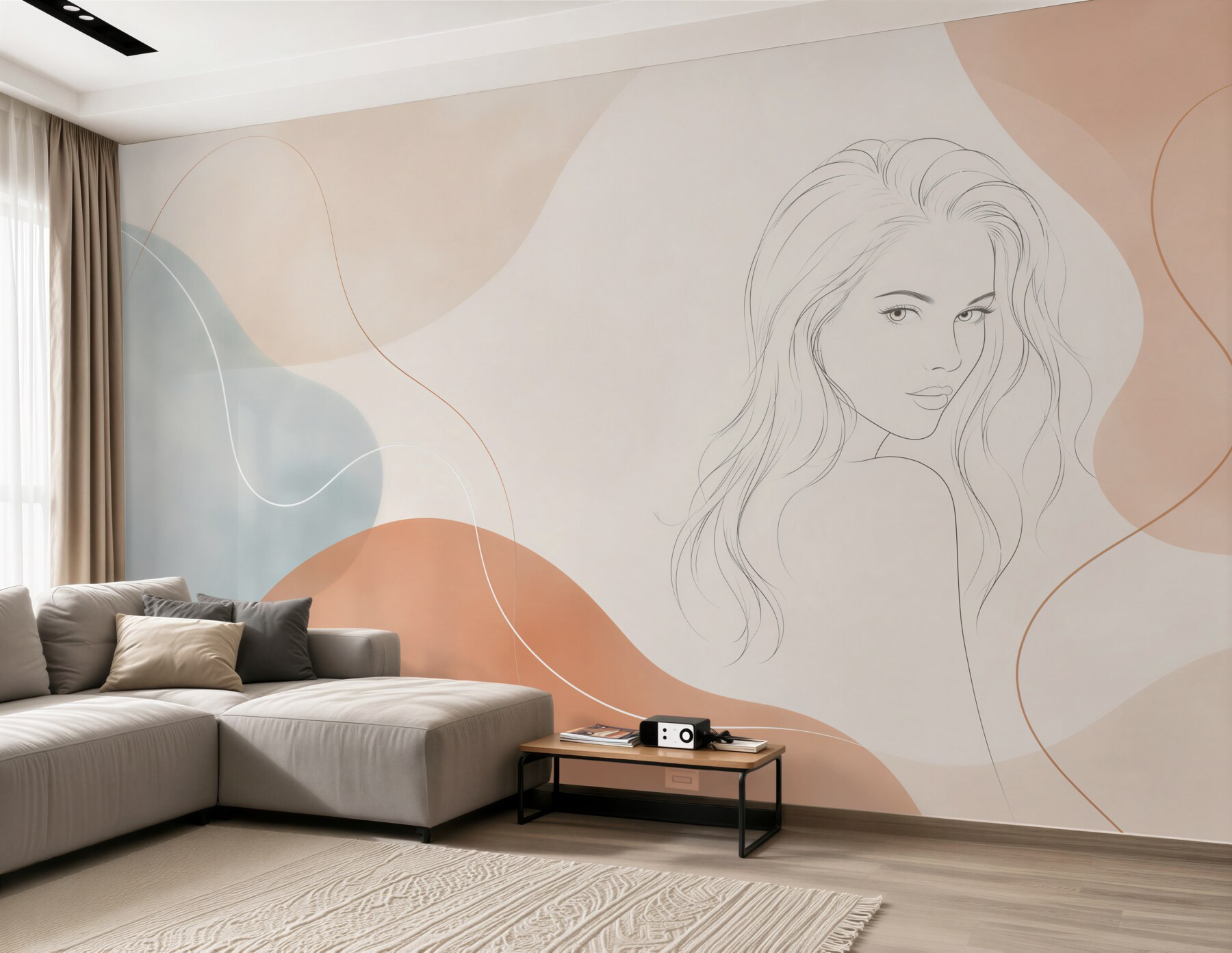 Fototapeta kobieta line art w pastelowych beżach i błękitach nowoczesna?v23