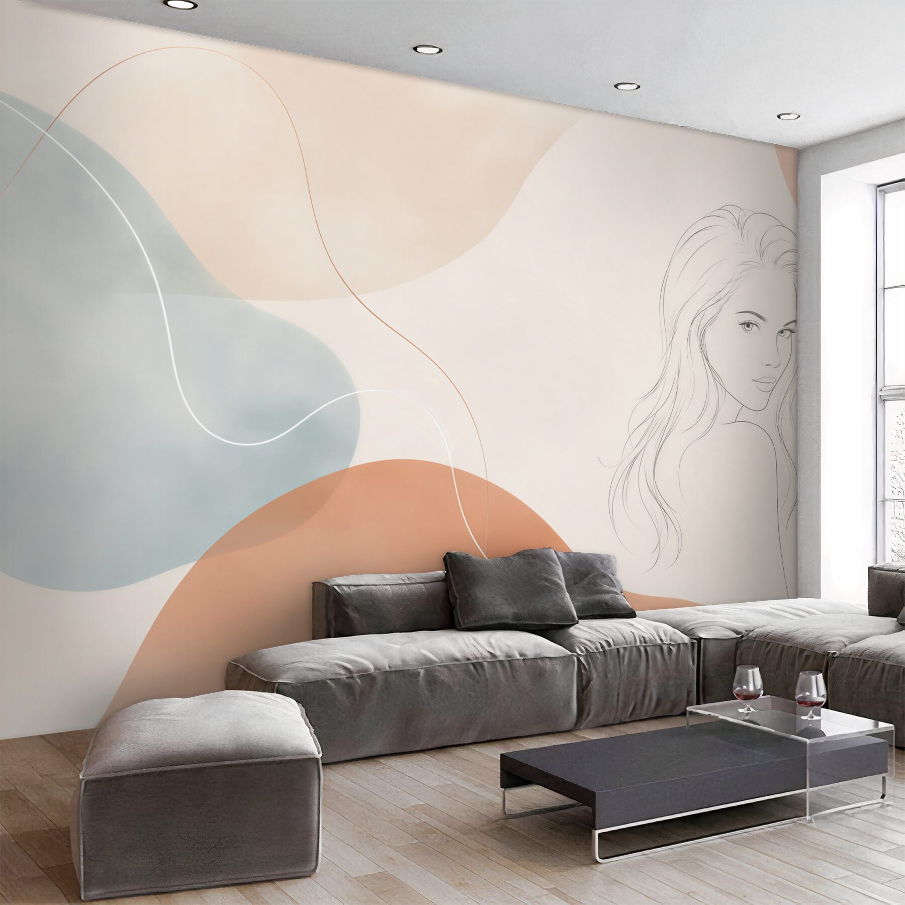 Fototapeta kobieta line art w pastelowych beżach i błękitach nowoczesna?v23