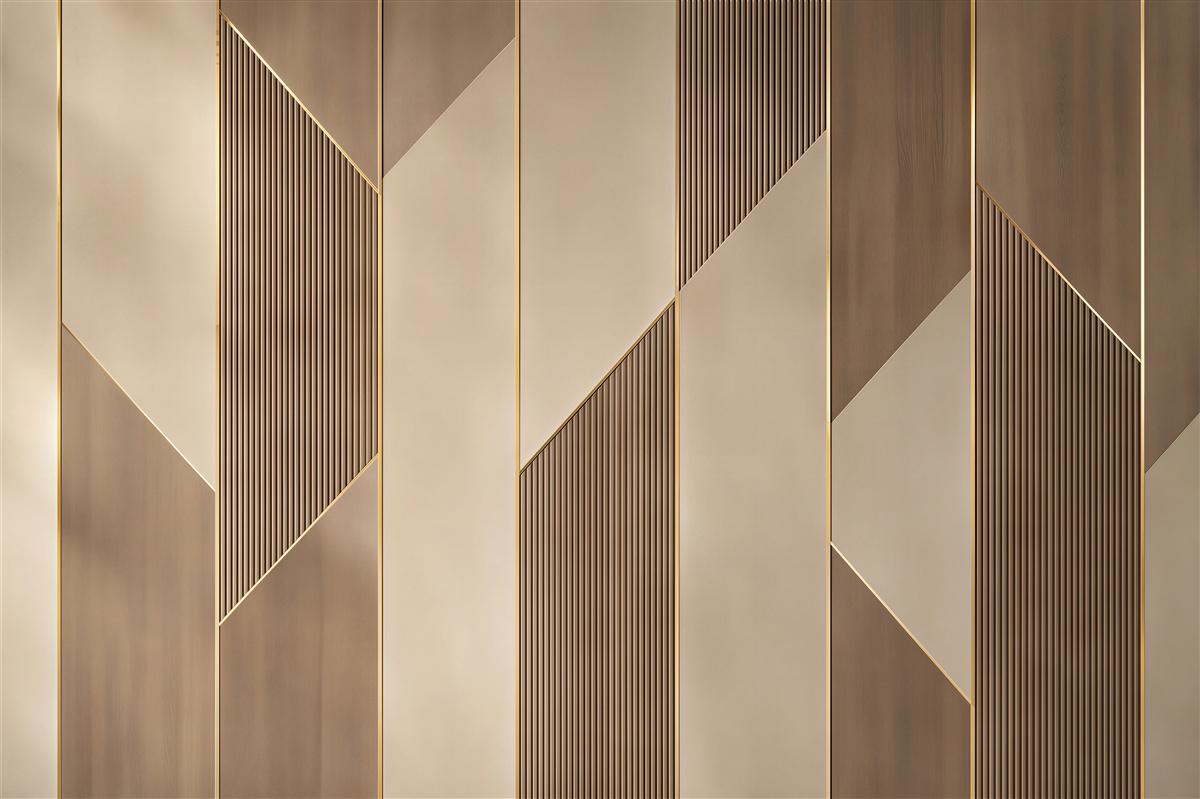 Fototapeta geometryczne panele 3D beżowe z drewnianą strukturą i złotymi akcentami