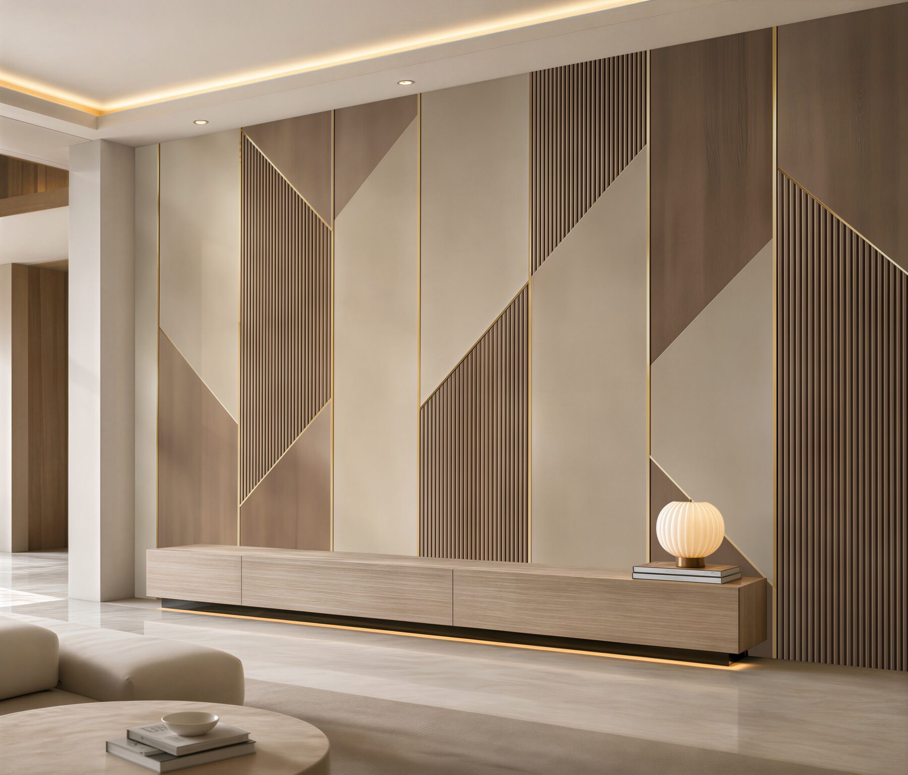 Fototapeta geometryczne panele 3D beżowe z drewnianą strukturą i złotymi akcentami?v23