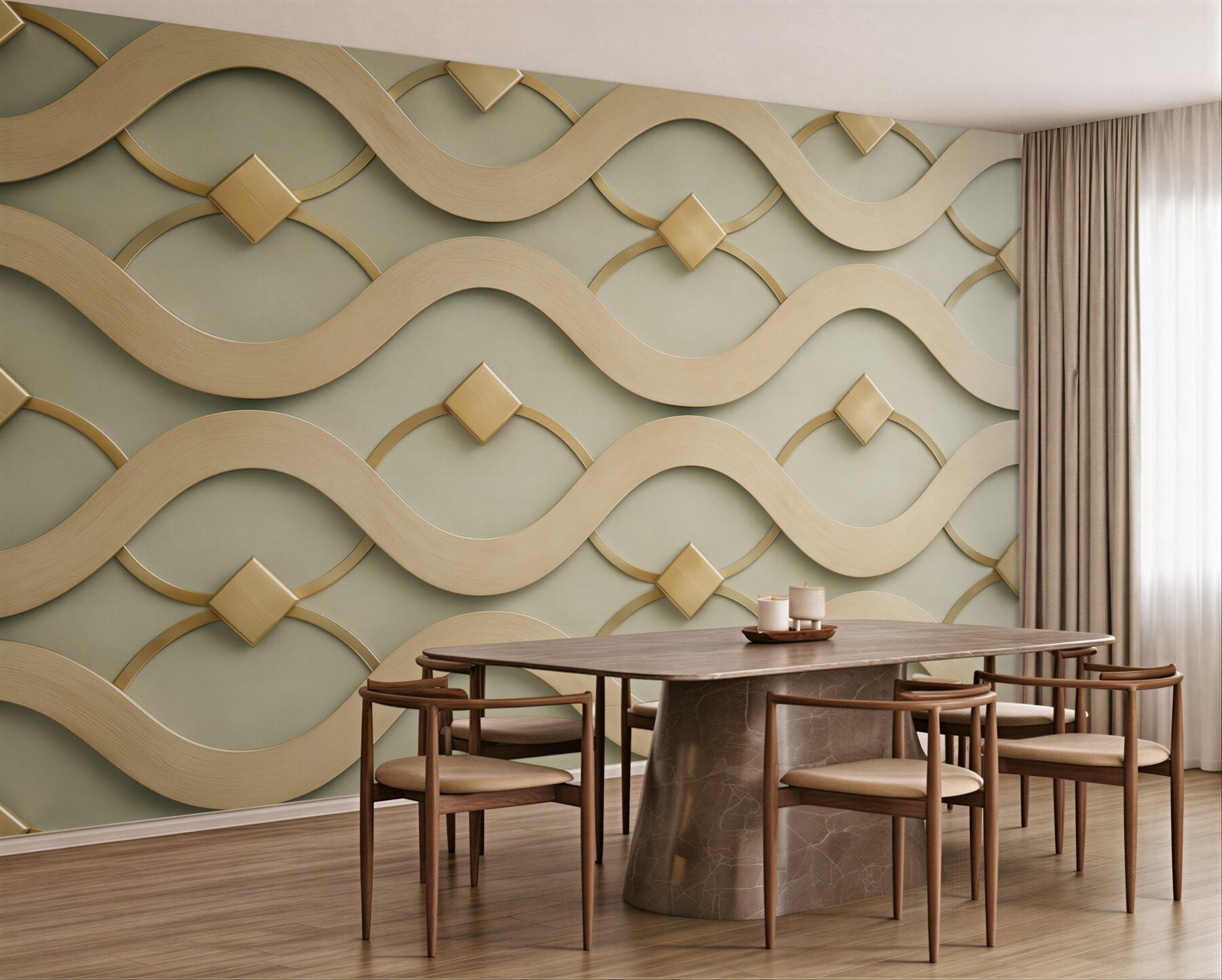 Fototapeta geometryczny wzór 3D złote fale z rombami na szałwiowym tle?v23