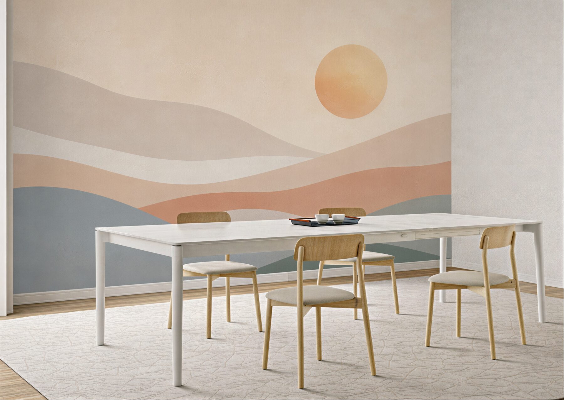 Fototapeta abstrakcyjne pastelowe wzgórza ze słońcem w stylu boho?v23