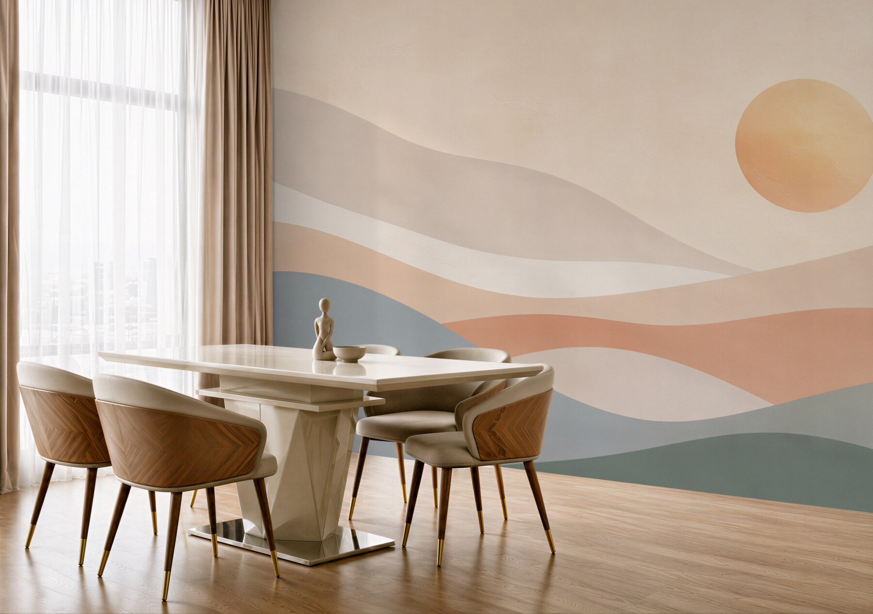 Fototapeta abstrakcyjne pastelowe wzgórza ze słońcem w stylu boho?v23