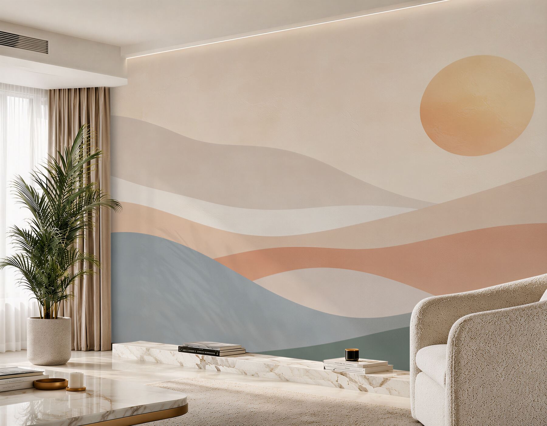 Fototapeta abstrakcyjne pastelowe wzgórza ze słońcem w stylu boho?v23