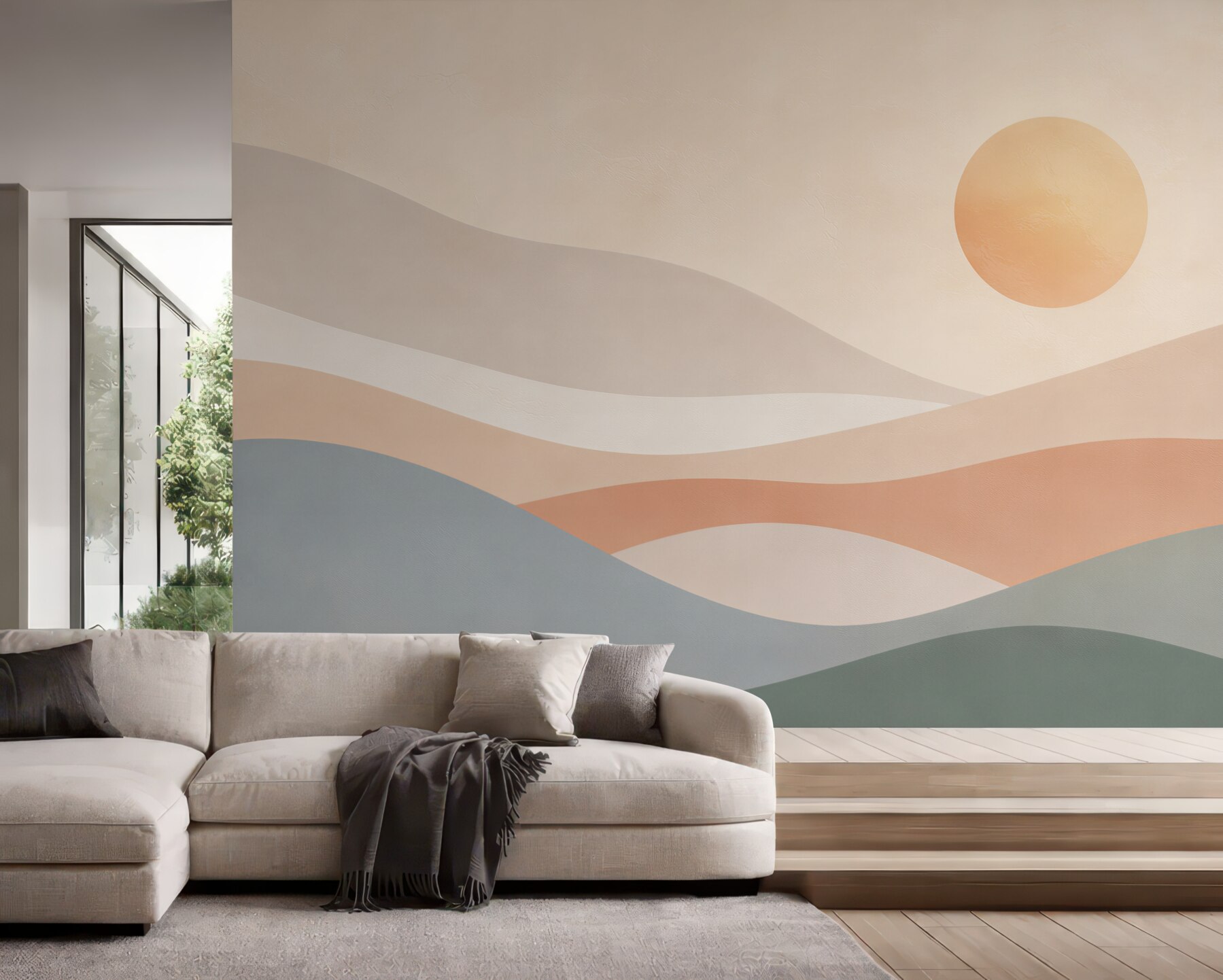 Fototapeta abstrakcyjne pastelowe wzgórza ze słońcem w stylu boho?v23