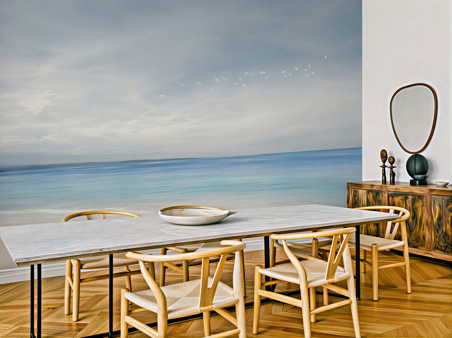 Fototapeta spokojna plaża z morzem i ptakami w pastelowych błękitach?v23