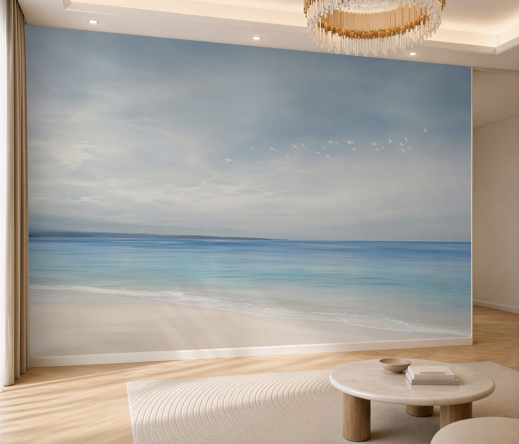 Fototapeta spokojna plaża z morzem i ptakami w pastelowych błękitach?v23