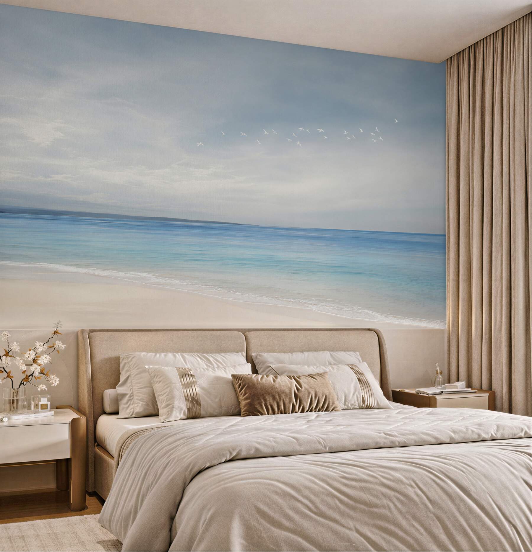 Fototapeta spokojna plaża z morzem i ptakami w pastelowych błękitach?v23
