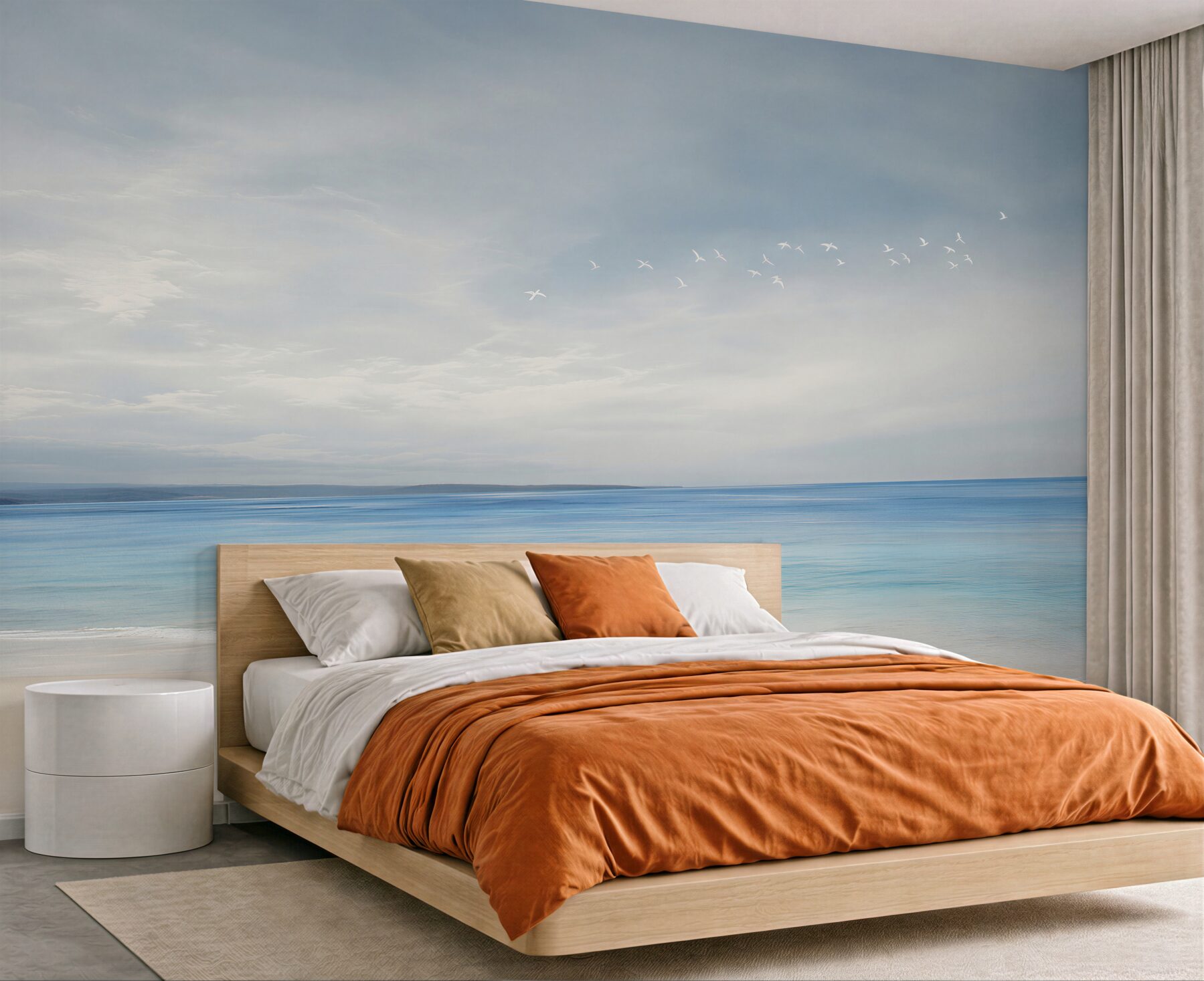 Fototapeta spokojna plaża z morzem i ptakami w pastelowych błękitach?v23