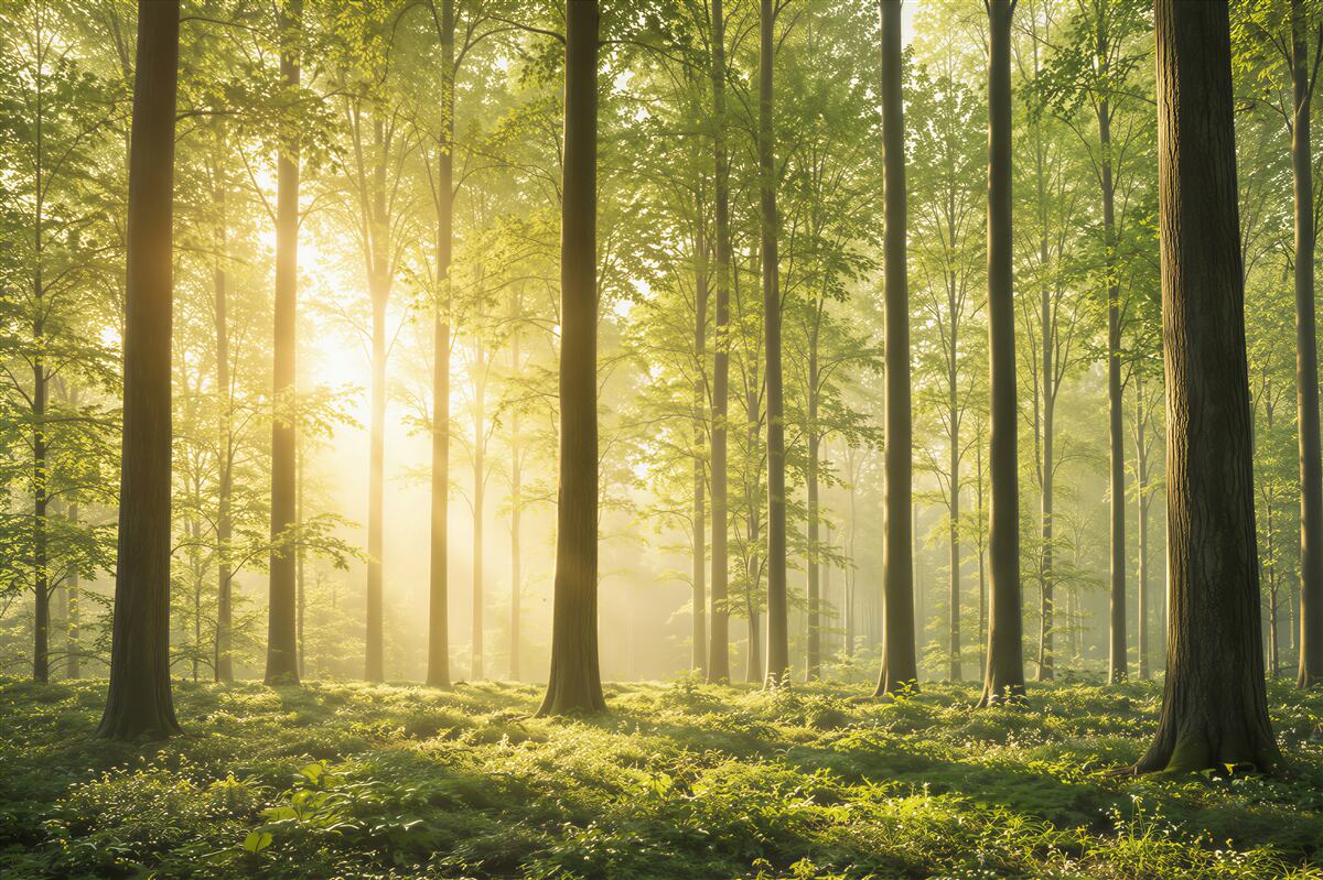 Fototapeta zielony las w promieniach słońca świeży naturalny krajobraz