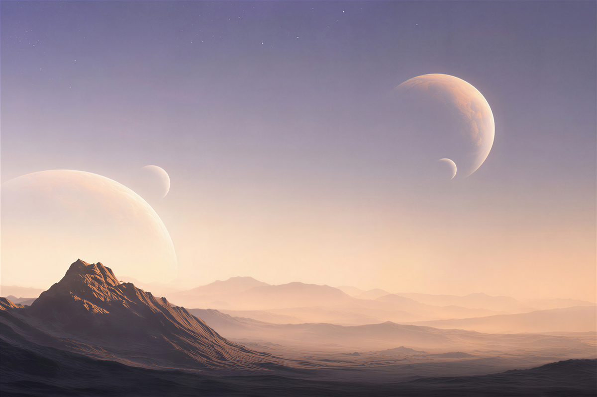 Fototapeta kosmiczny krajobraz z planetami i górami w pastelowych barwach