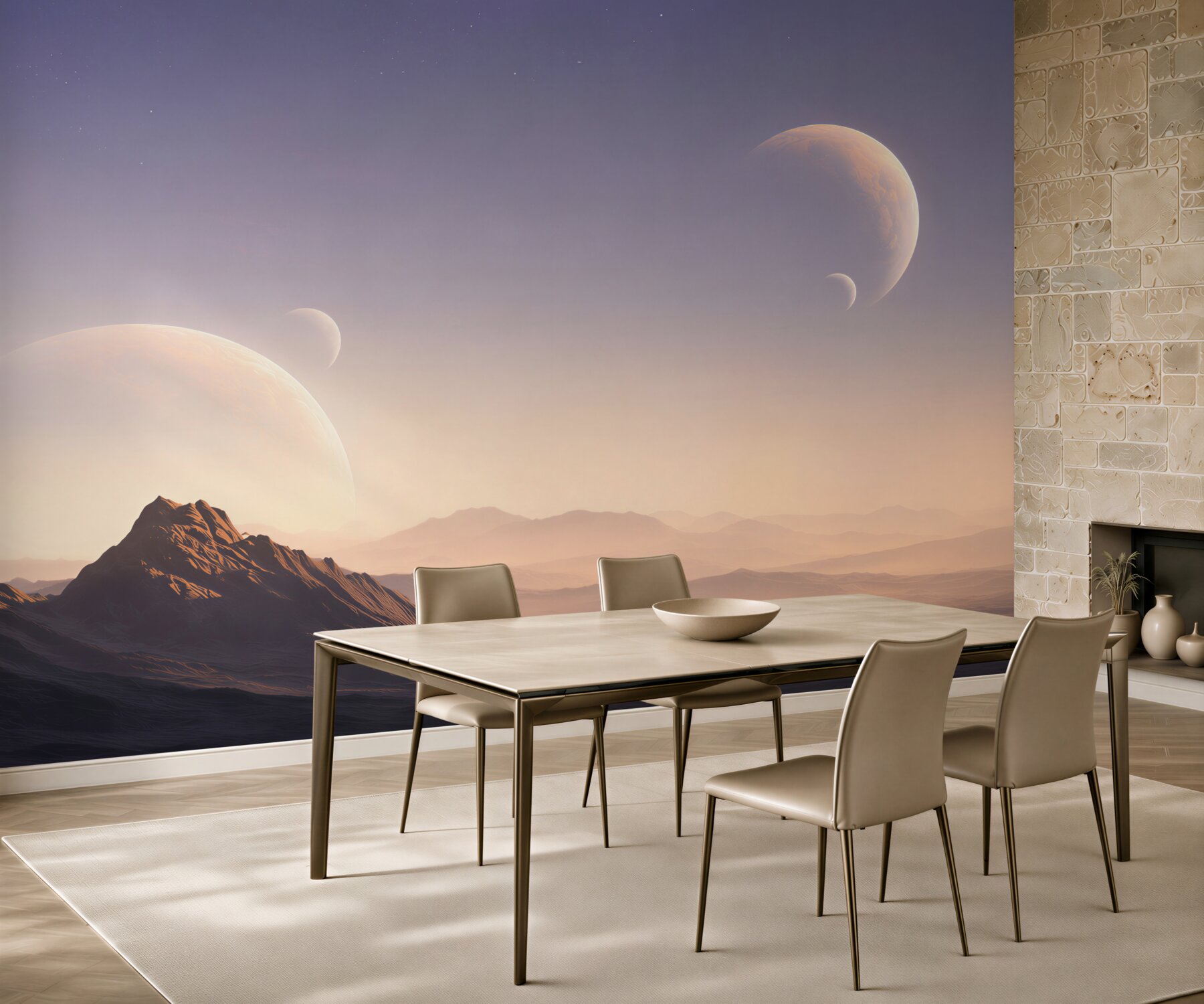 Fototapeta kosmiczny krajobraz z planetami i górami w pastelowych barwach?v23