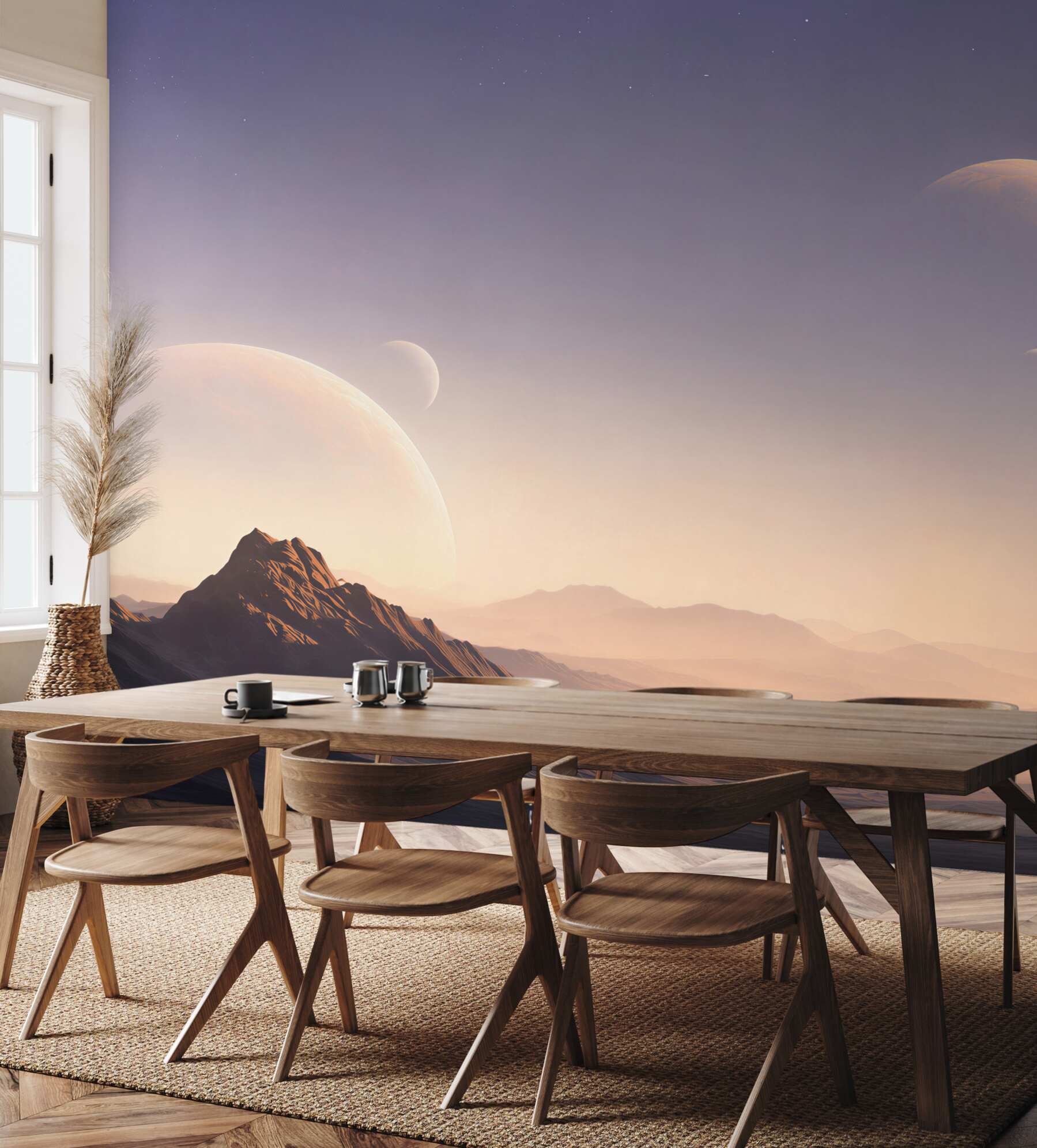 Fototapeta kosmiczny krajobraz z planetami i górami w pastelowych barwach?v23