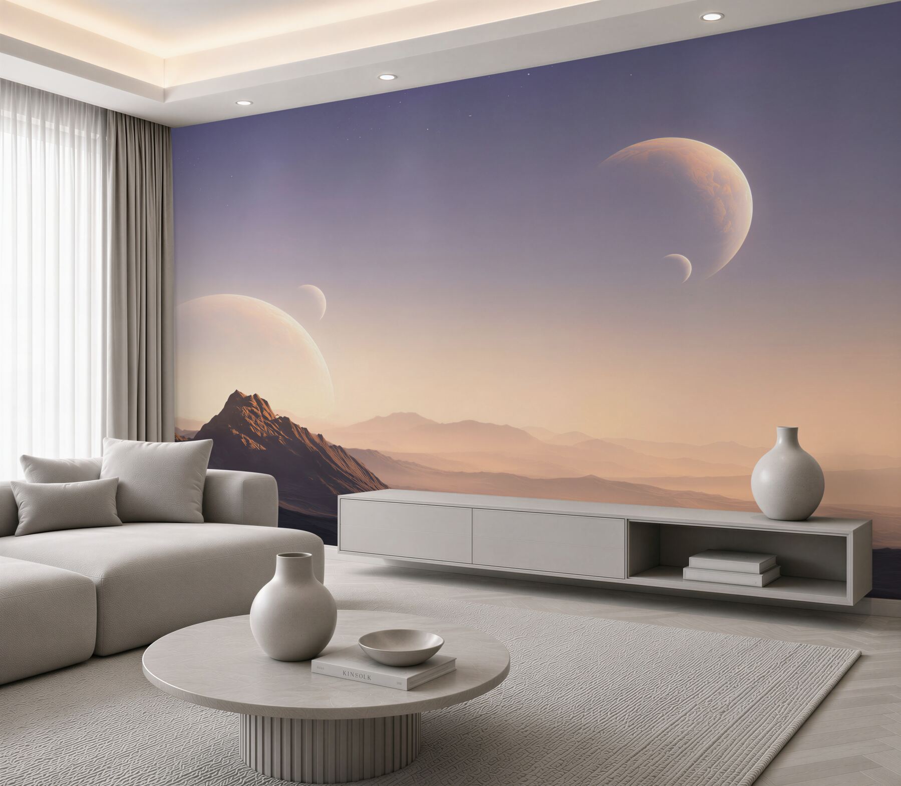 Fototapeta kosmiczny krajobraz z planetami i górami w pastelowych barwach?v23