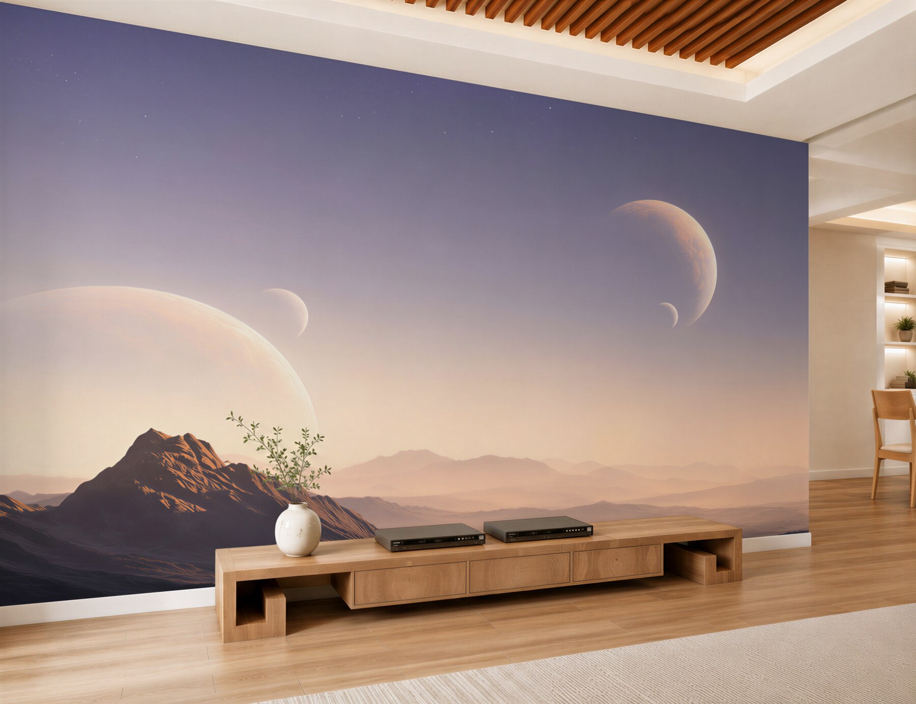 Fototapeta kosmiczny krajobraz z planetami i górami w pastelowych barwach?v23