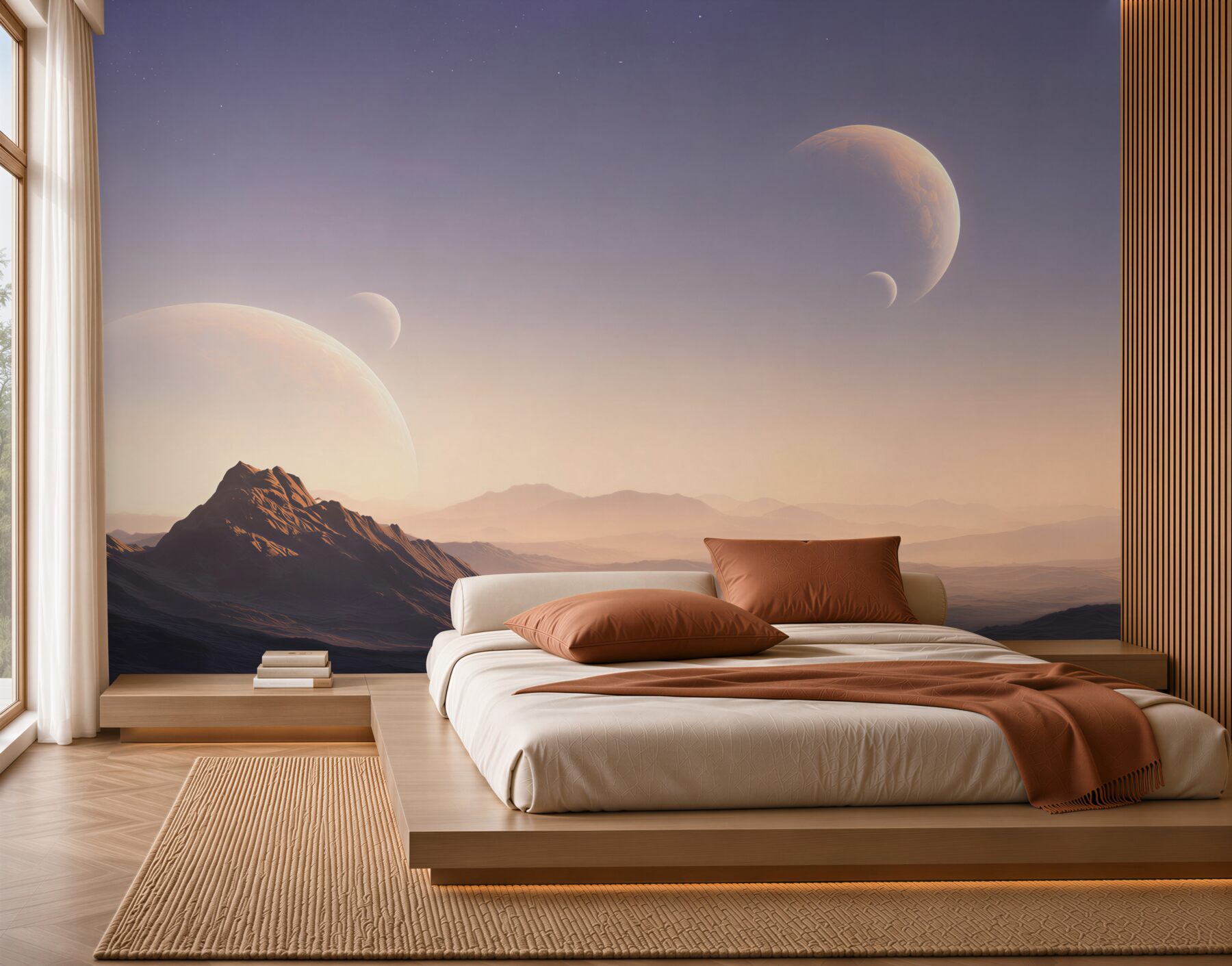Fototapeta kosmiczny krajobraz z planetami i górami w pastelowych barwach?v23