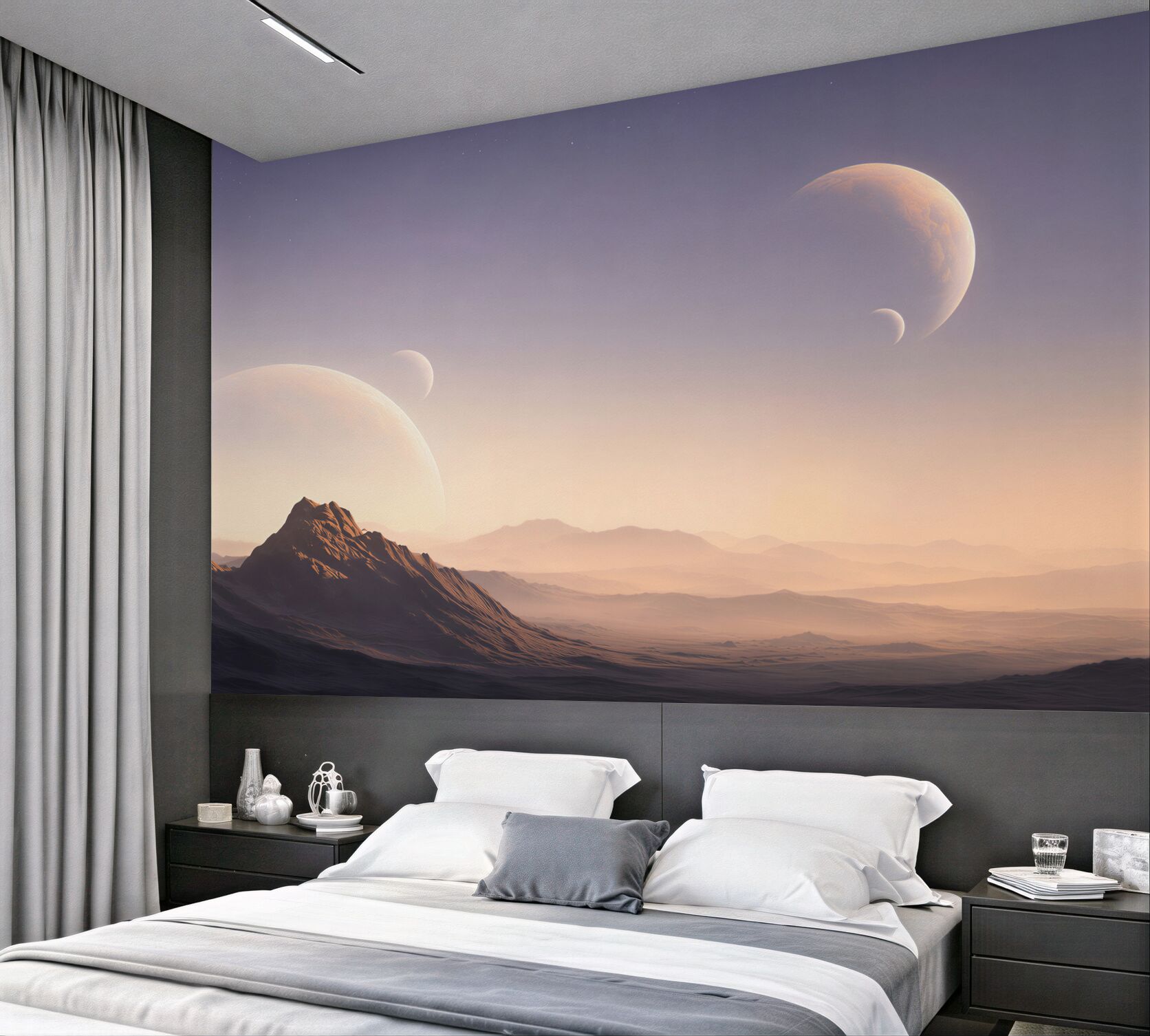 Fototapeta kosmiczny krajobraz z planetami i górami w pastelowych barwach?v23