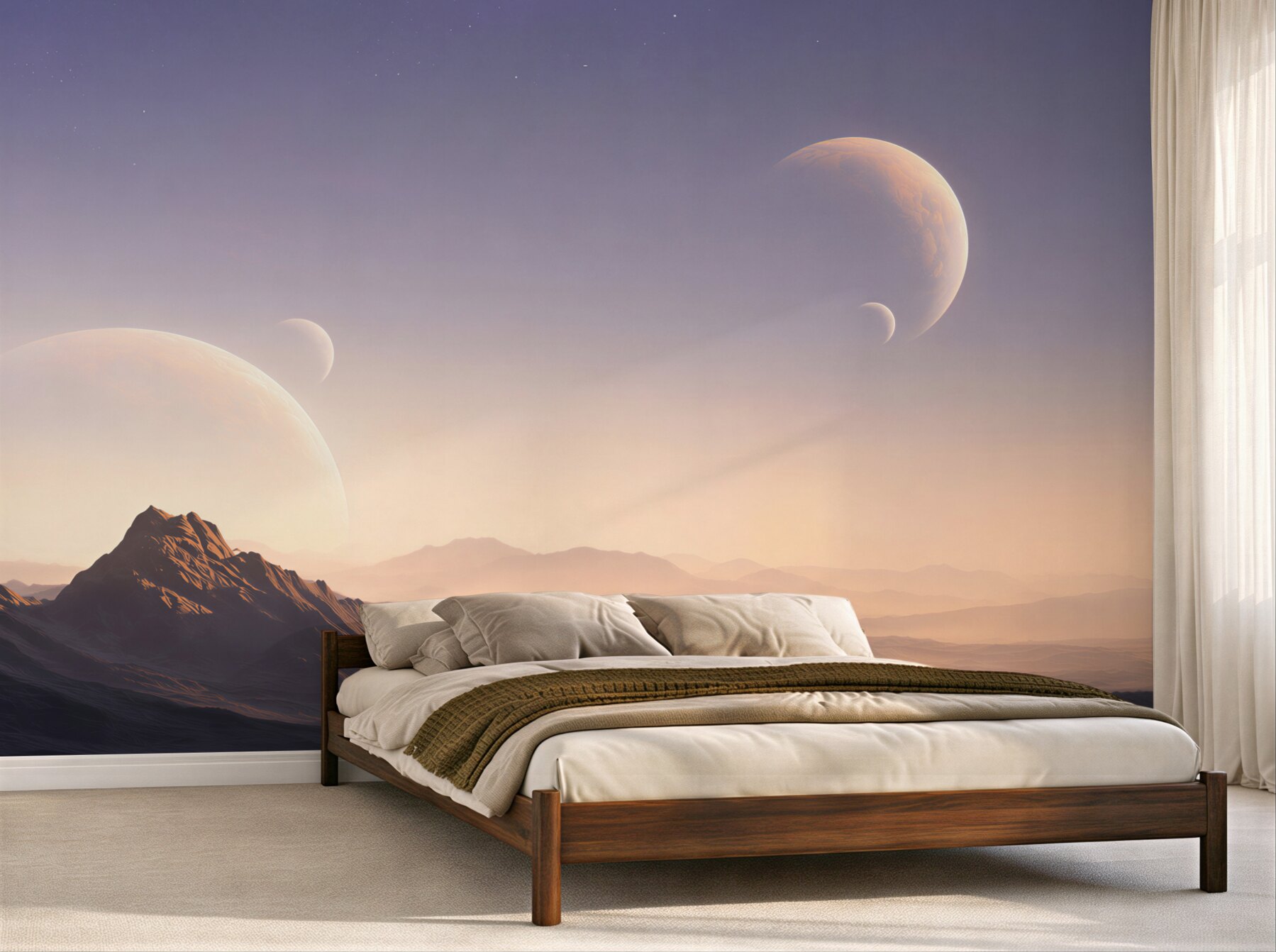 Fototapeta kosmiczny krajobraz z planetami i górami w pastelowych barwach?v23