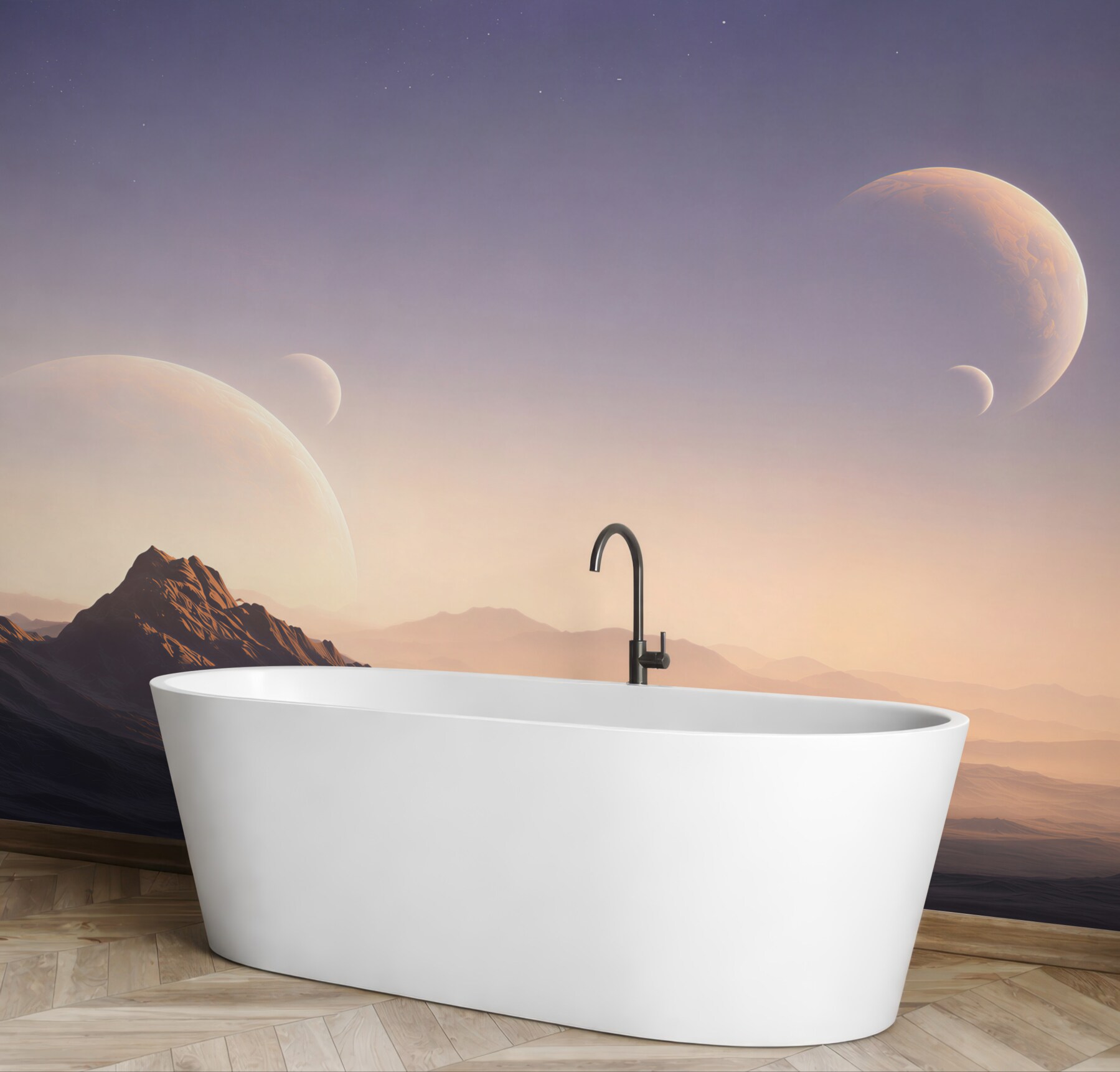 Fototapeta kosmiczny krajobraz z planetami i górami w pastelowych barwach?v23
