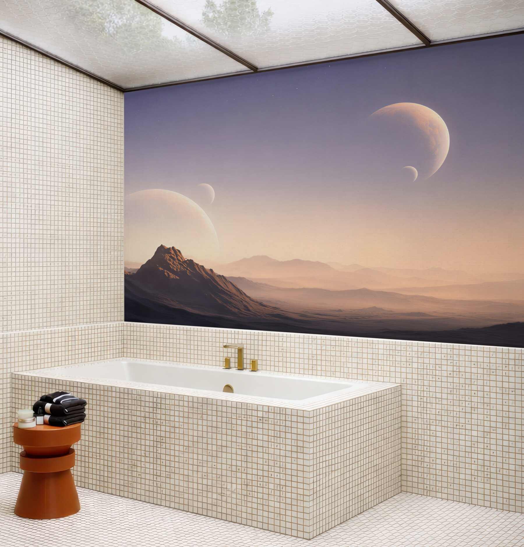 Fototapeta kosmiczny krajobraz z planetami i górami w pastelowych barwach?v23