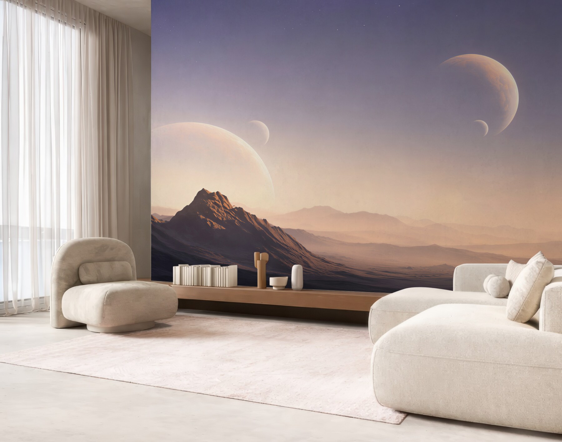 Fototapeta kosmiczny krajobraz z planetami i górami w pastelowych barwach?v23