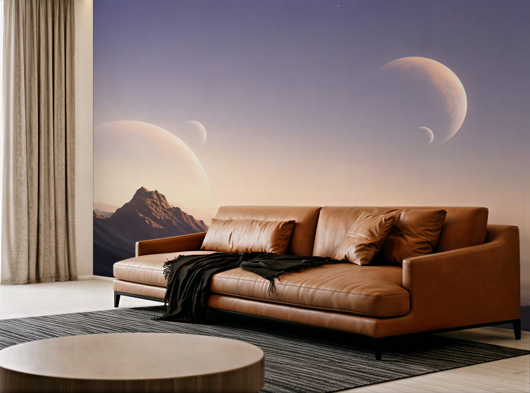 Fototapeta kosmiczny krajobraz z planetami i górami w pastelowych barwach?v23