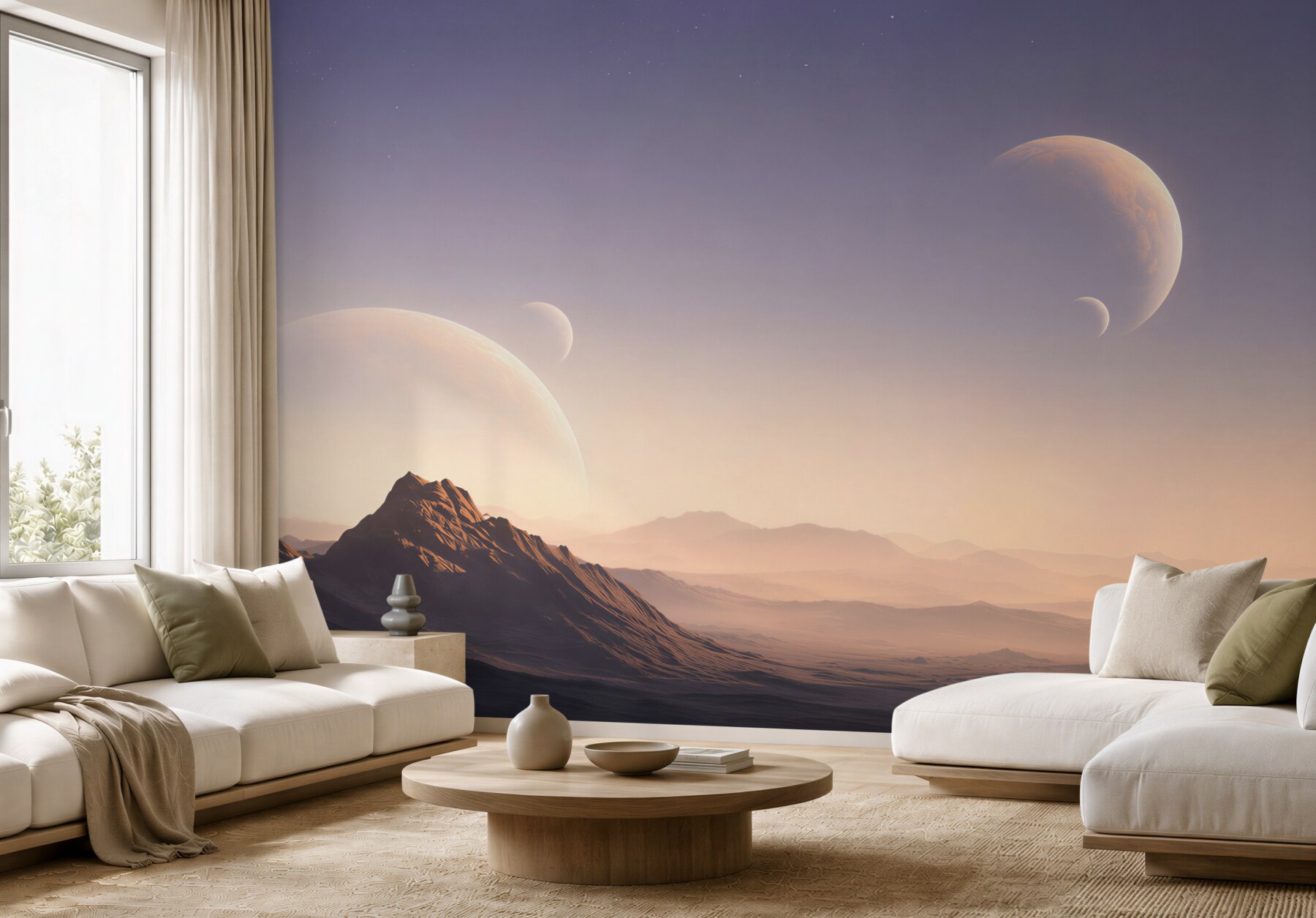 Fototapeta kosmiczny krajobraz z planetami i górami w pastelowych barwach?v23