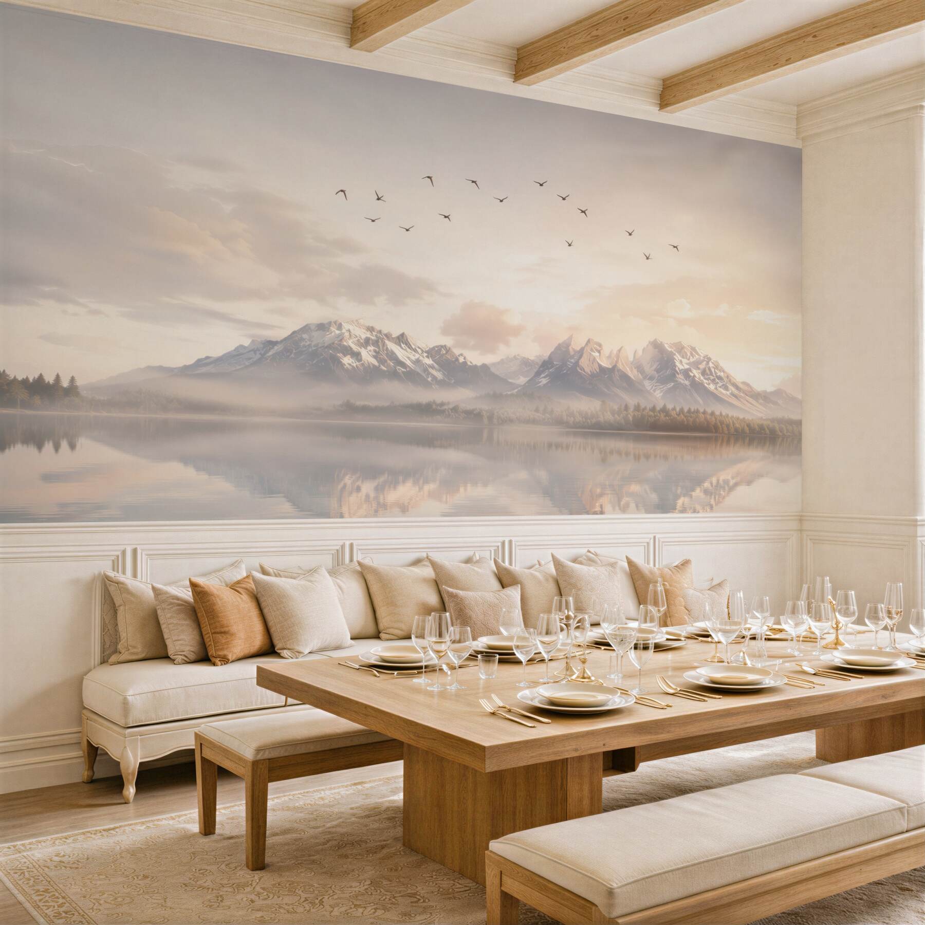 Fototapeta góry nad jeziorem we mgle o wschodzie słońca?v23