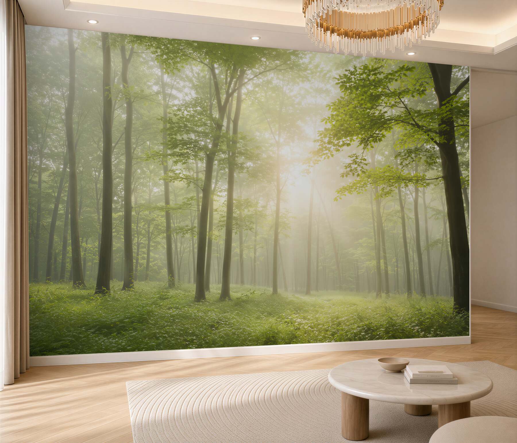 Fototapeta jasny zielony las z poranną mgłą i słońcem?v23