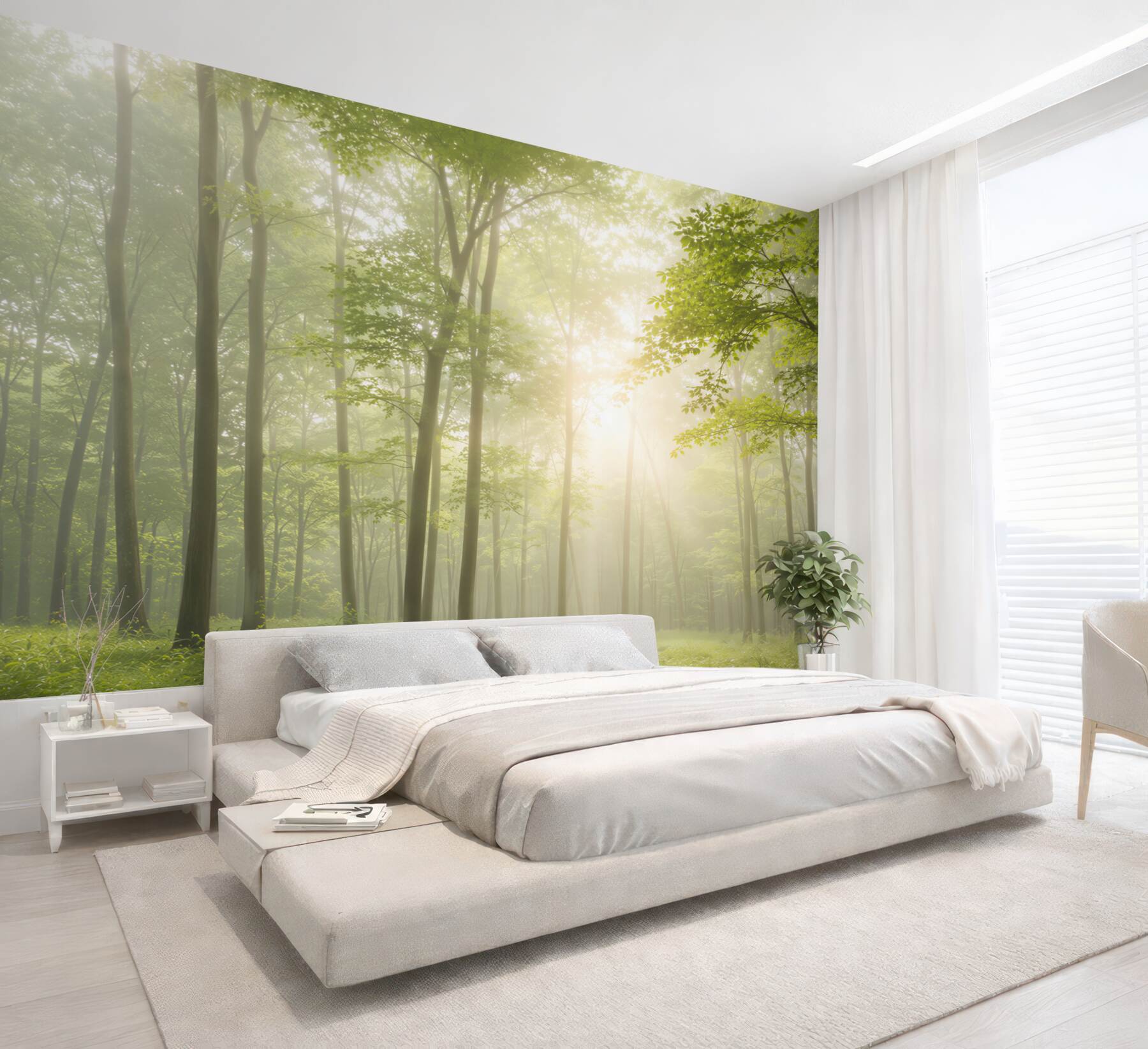 Fototapeta jasny zielony las z poranną mgłą i słońcem?v23