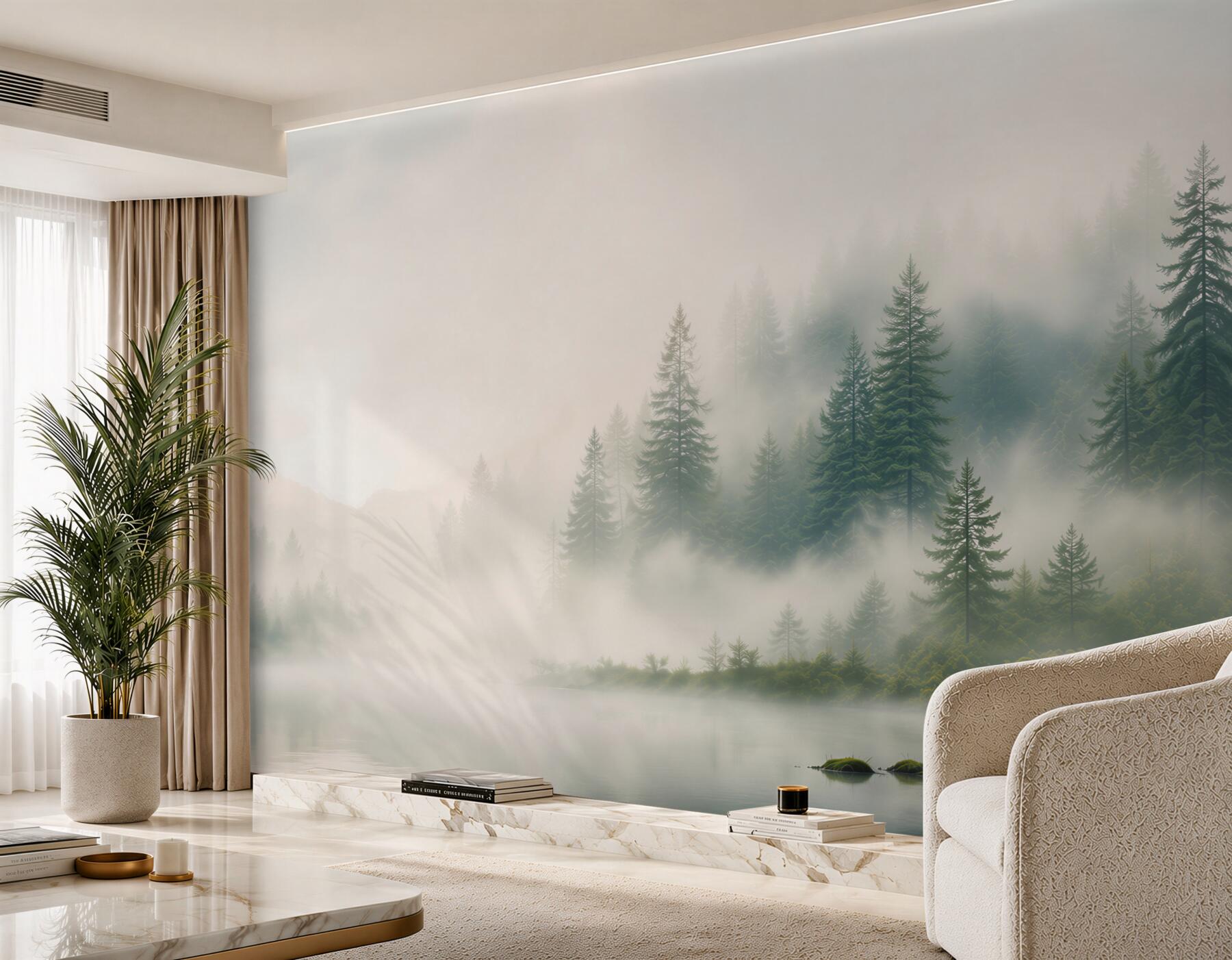 Fototapeta sosnowy las nad jeziorem we mgle zielona spokojna?v23
