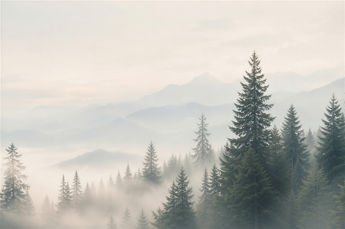 Fototapeta góry we mgle z sosnowym lasem spokojny pejzaż