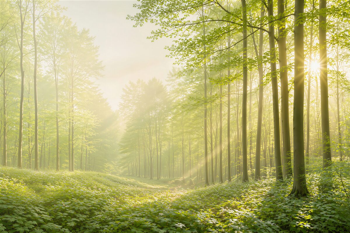 Fototapeta słoneczny zielony las we mgle świeża natura do salonu
