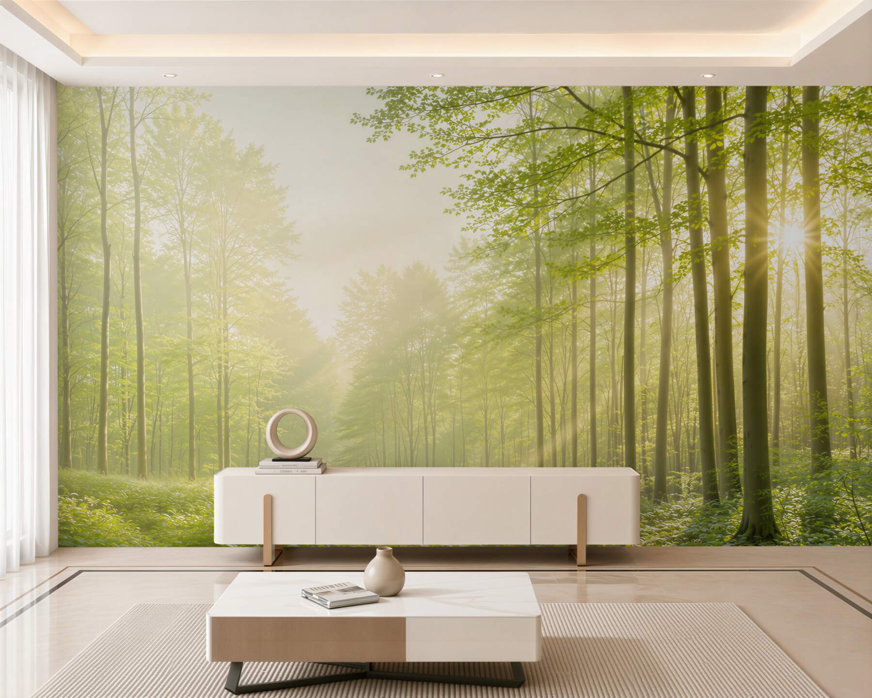 Fototapeta słoneczny zielony las we mgle świeża natura do salonu?v23