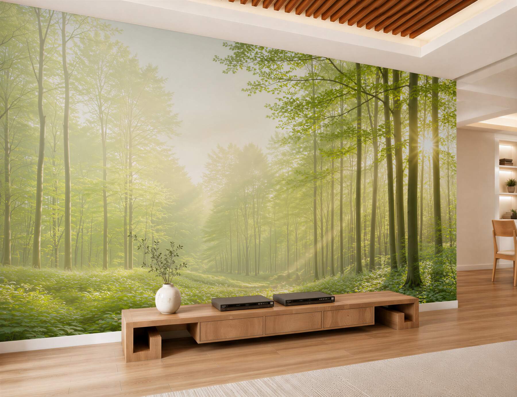 Fototapeta słoneczny zielony las we mgle świeża natura do salonu?v23