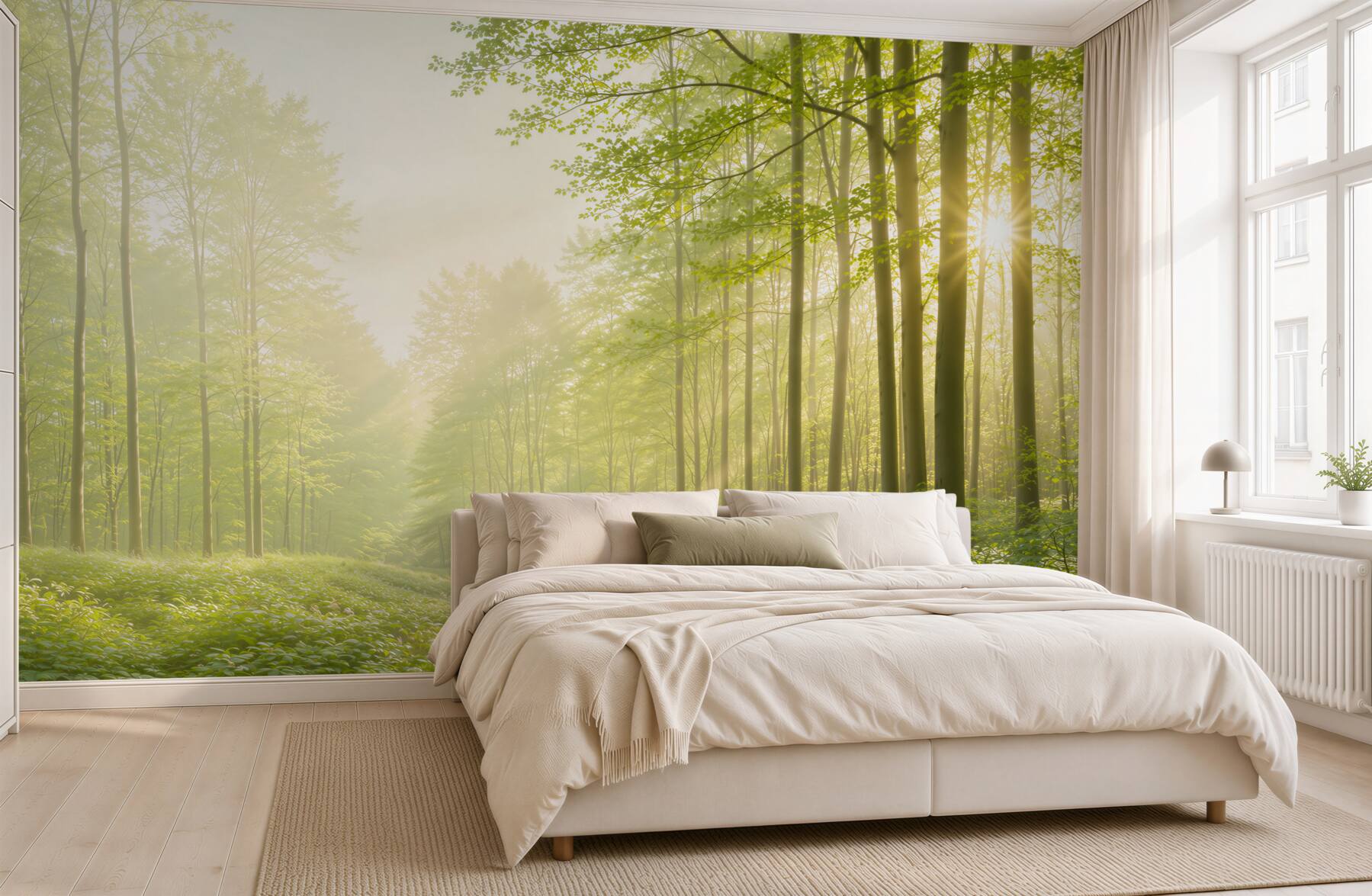 Fototapeta słoneczny zielony las we mgle świeża natura do salonu?v23
