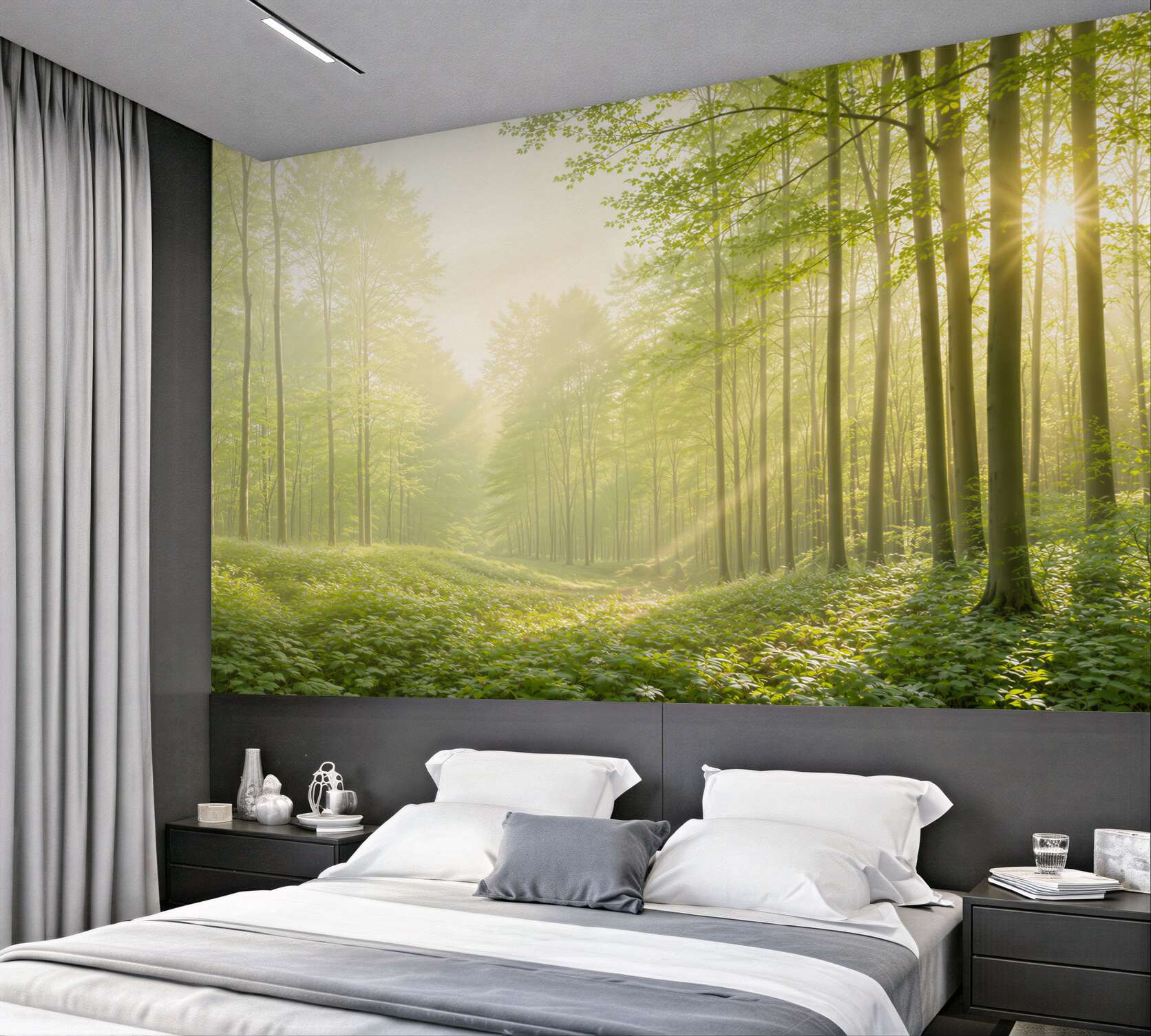 Fototapeta słoneczny zielony las we mgle świeża natura do salonu?v23