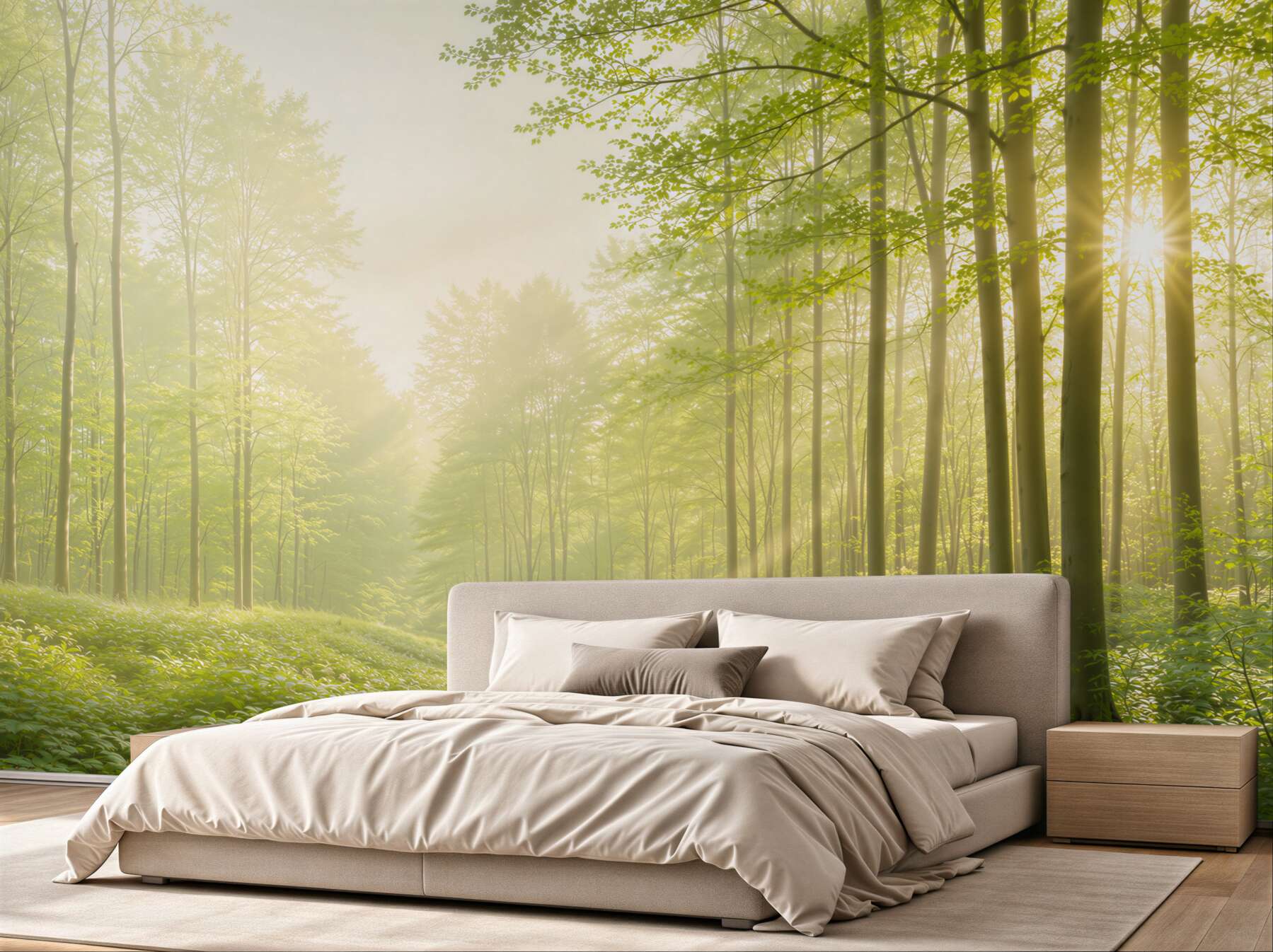 Fototapeta słoneczny zielony las we mgle świeża natura do salonu?v23