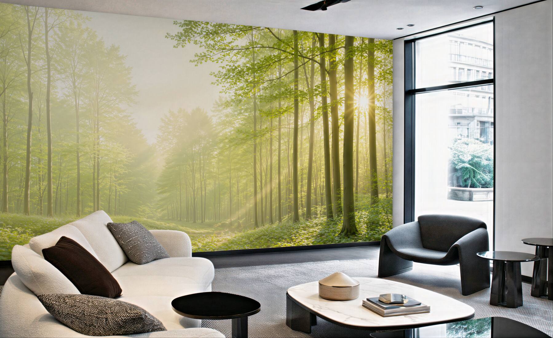 Fototapeta słoneczny zielony las we mgle świeża natura do salonu?v23