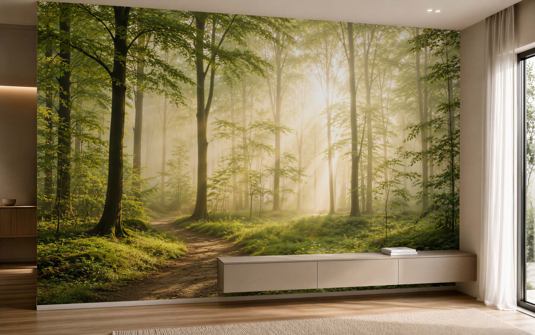 Fototapeta leśna ścieżka w porannym świetle zielony las we mgle?v23