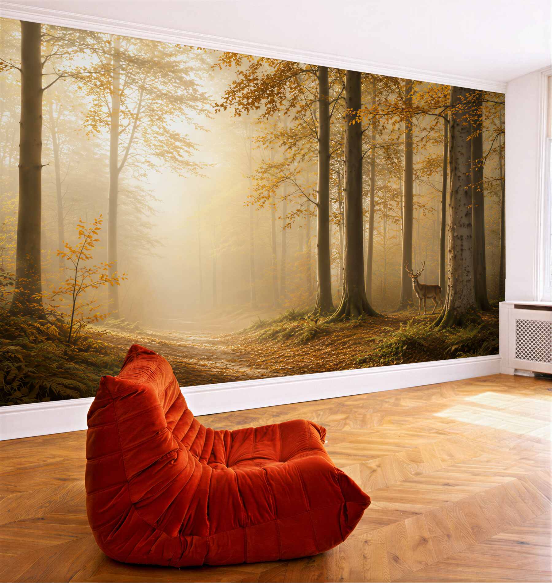 Fototapeta jesienny las z jeleniem i złotym światłem?v23
