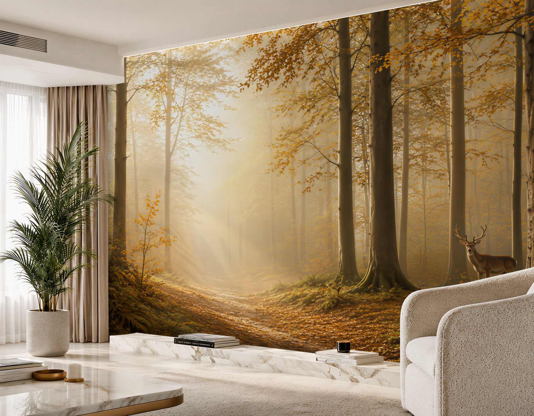 Fototapeta jesienny las z jeleniem i złotym światłem?v23