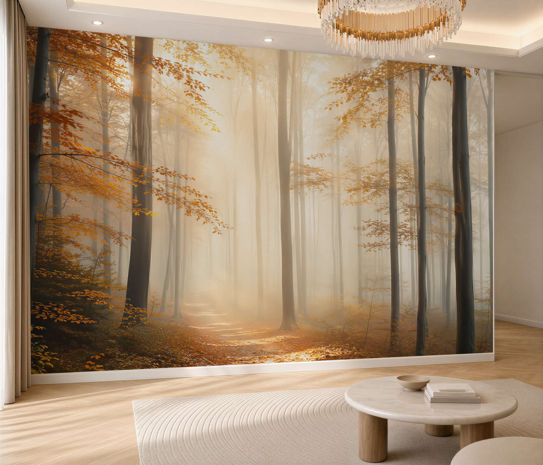 Fototapeta mglisty jesienny las ze ścieżką w złotych barwach?v23