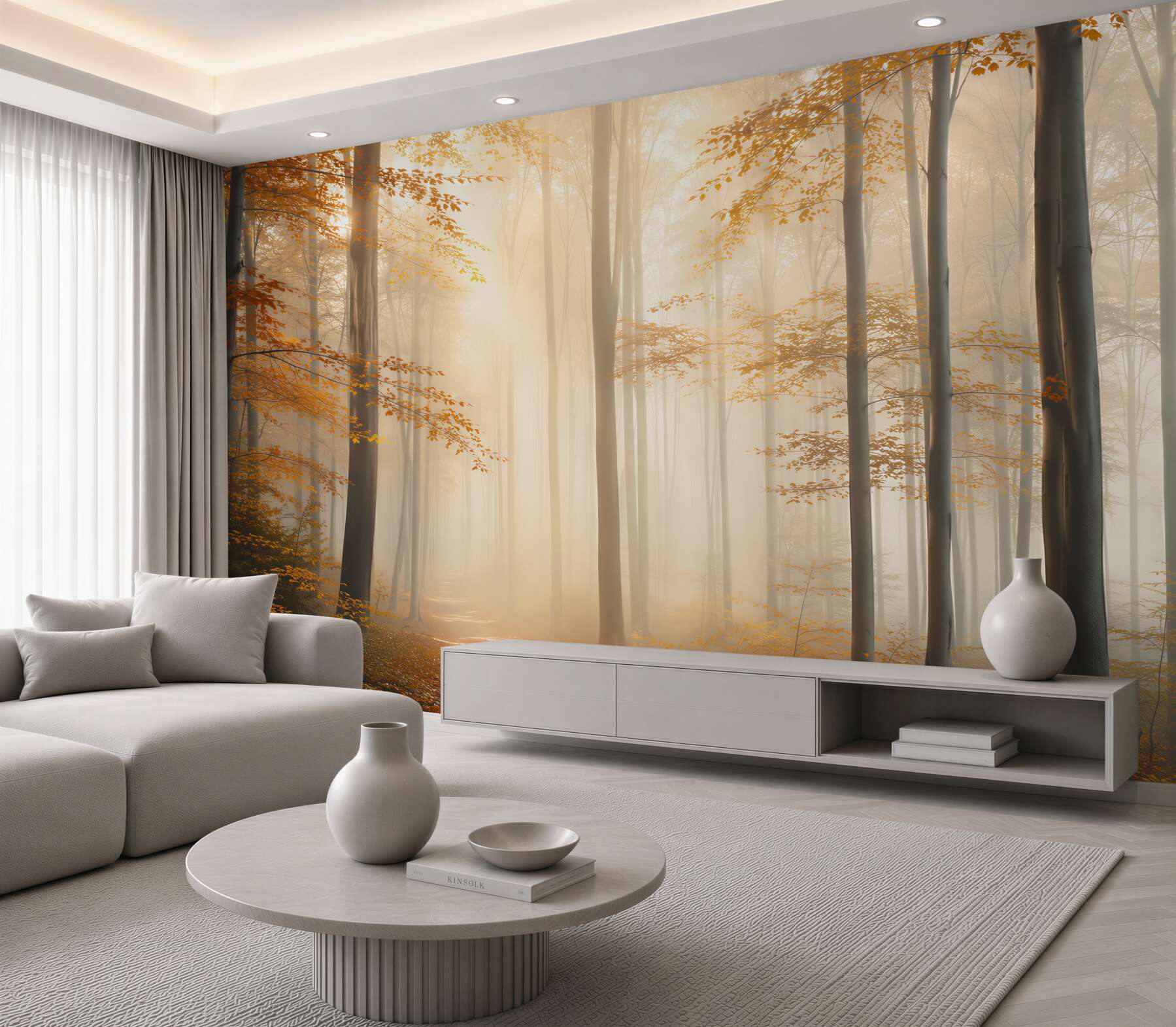 Fototapeta mglisty jesienny las ze ścieżką w złotych barwach?v23