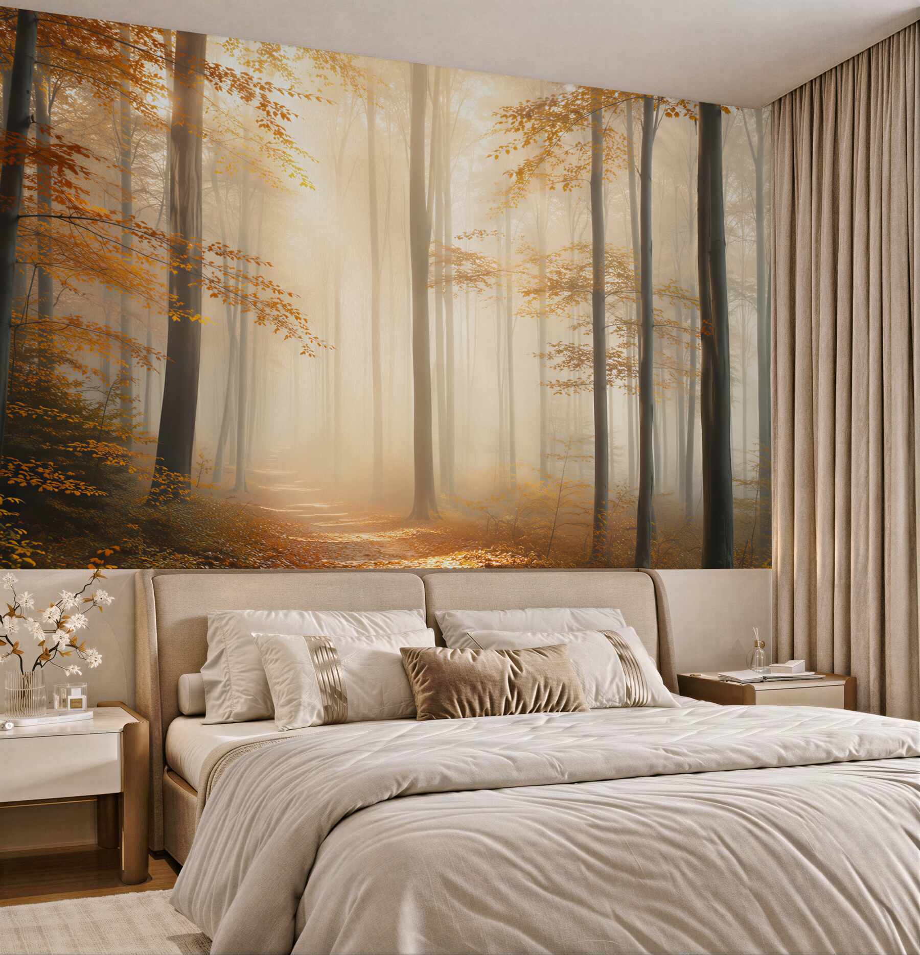 Fototapeta mglisty jesienny las ze ścieżką w złotych barwach?v23