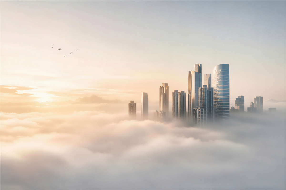 Fototapeta nowoczesne miasto nad chmurami o wschodzie słońca