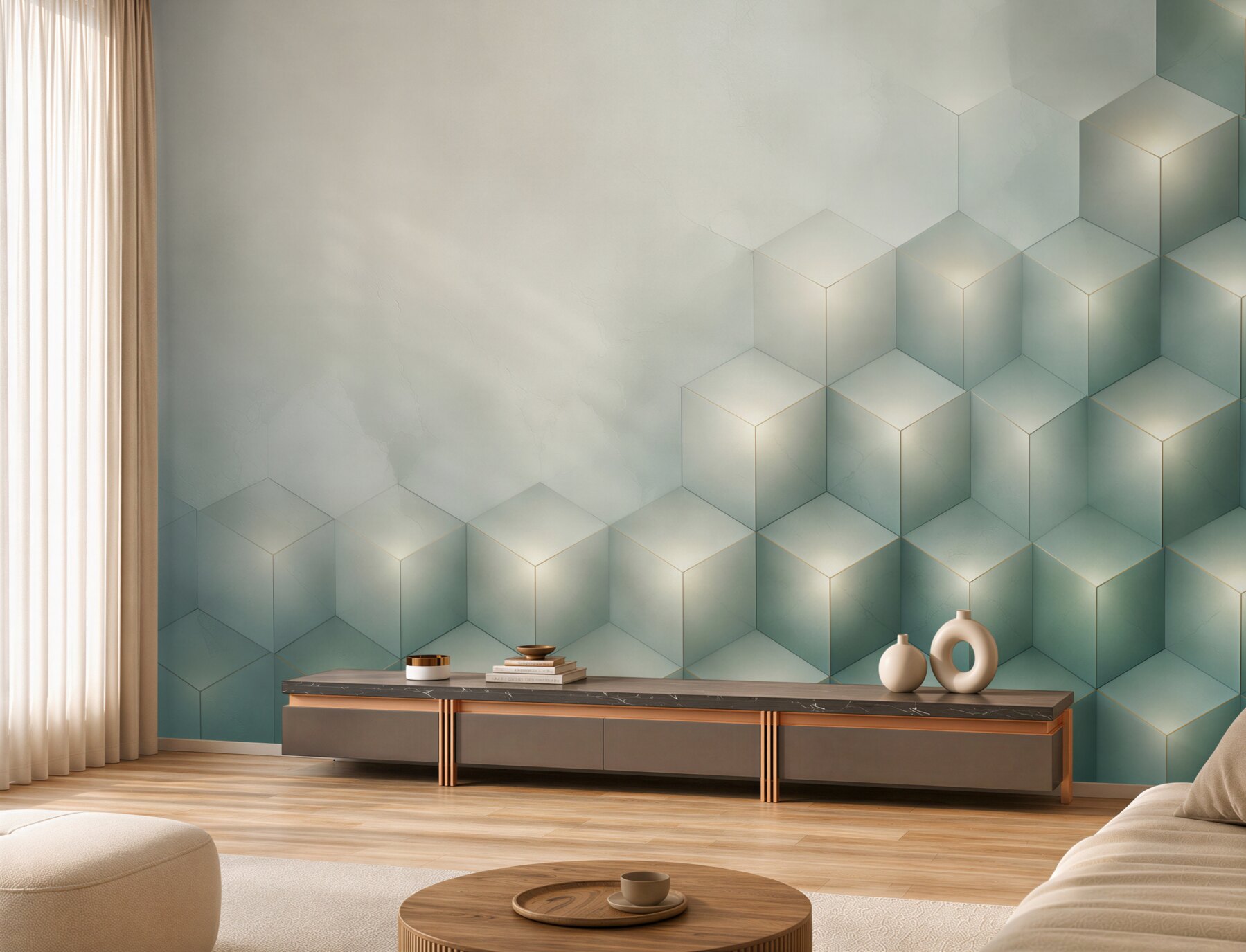 Fototapeta geometryczne kostki 3D pastelowe beżowo błękitne?v23