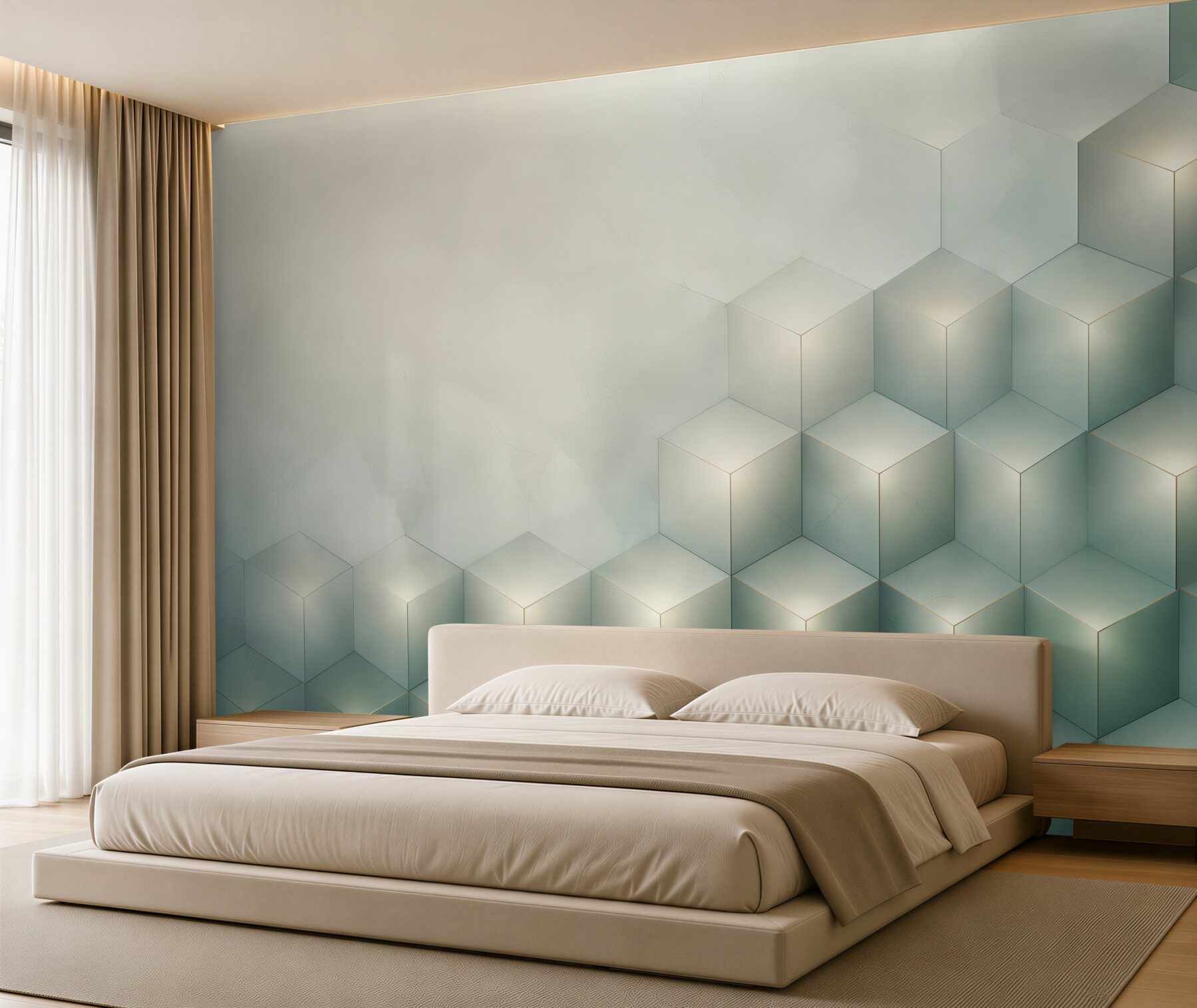 Fototapeta geometryczne kostki 3D pastelowe beżowo błękitne